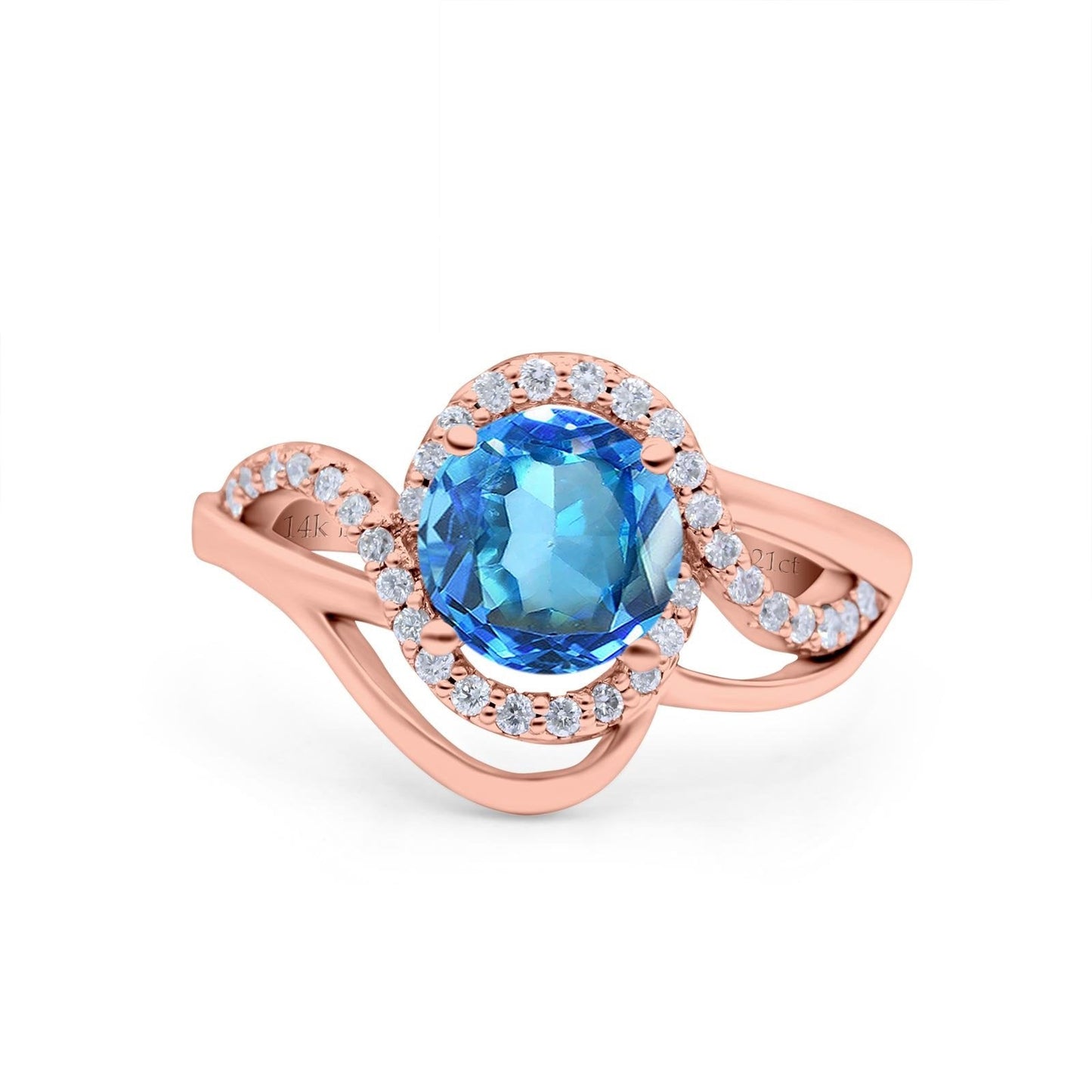 14K Rose Gold 1.49ct Art Deco Round 7mm G SI Natural Blue Topaz Diamond Engagement Wedding Ring Size 6.5