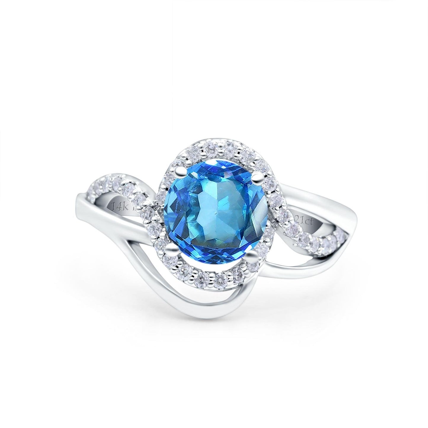 14K White Gold 1.49ct Art Deco Round 7mm G SI Natural Blue Topaz Diamond Engagement Wedding Ring Size 6.5