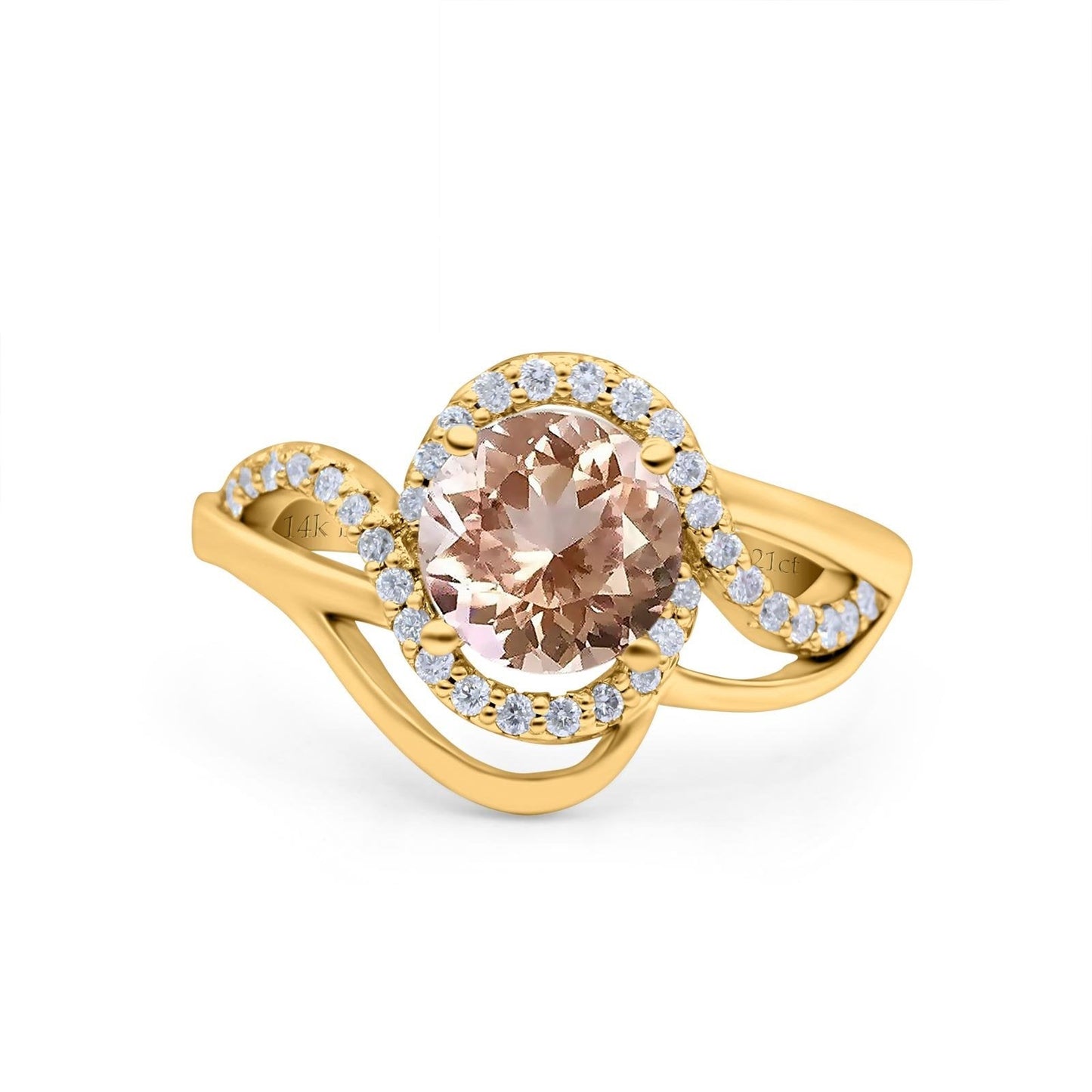 14K Yellow Gold 1.49ct Art Deco Round 7mm G SI Natural Morganite Diamond Engagement Wedding Ring Size 6.5