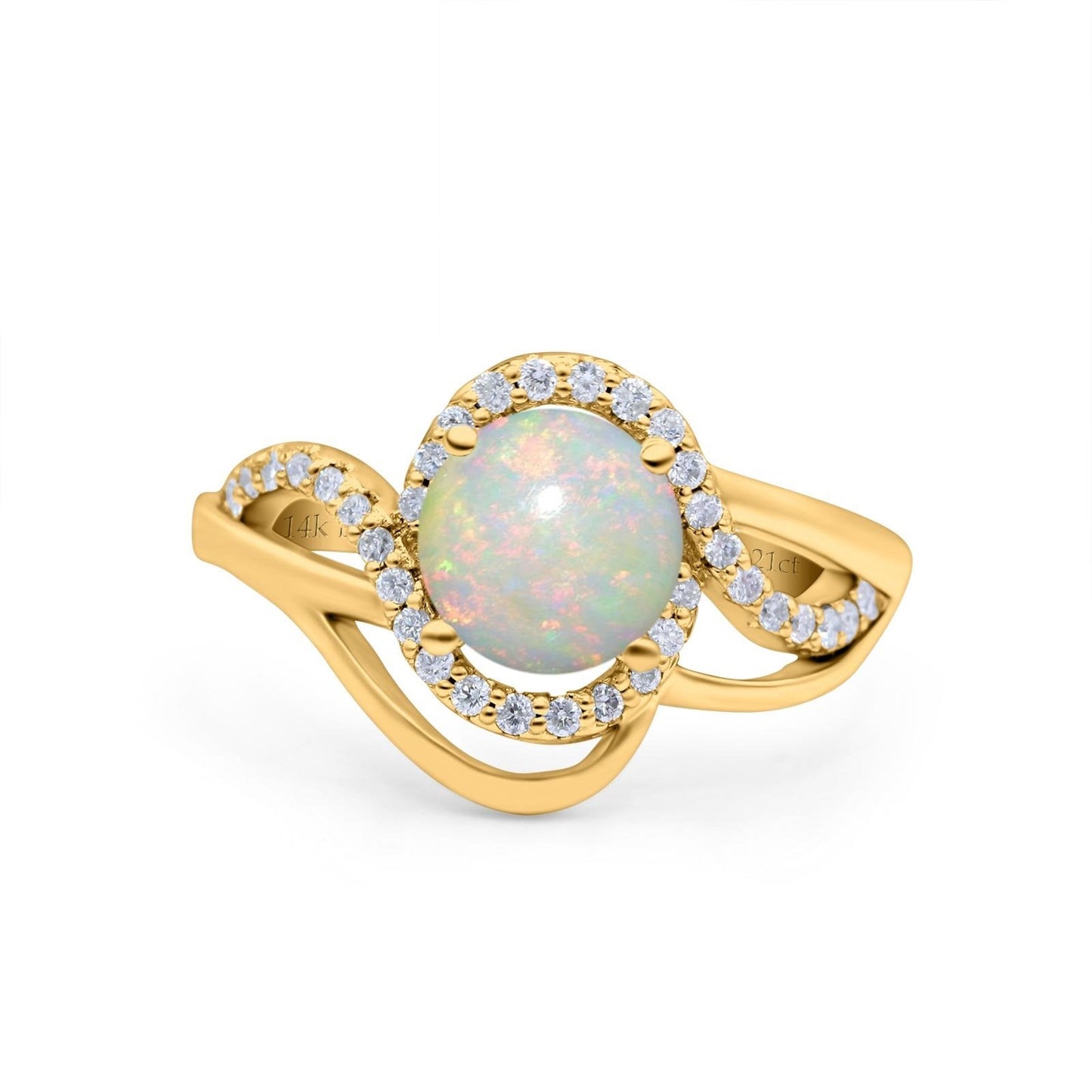 14K Yellow Gold 0.21ct Art Deco Round 7mm G SI Natural White Opal Diamond Engagement Wedding Ring Size 6.5