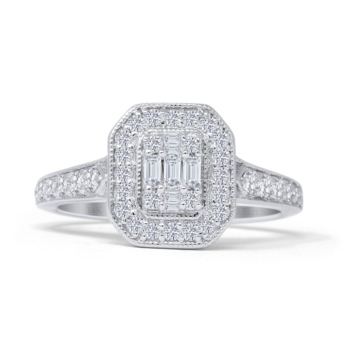 Halo Octagonal 0.51ct Natural Diamond Baguette Engagement Ring 14K White Gold Wholesale