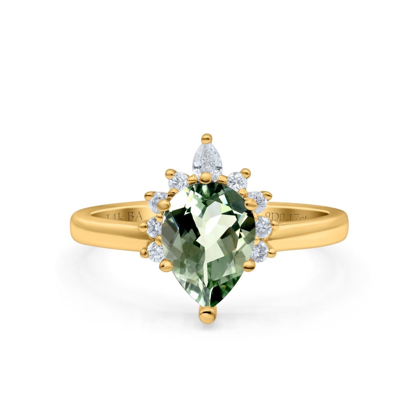 14K Yellow Gold 1.5ct Teardrop Art Deco Pear 9mmx6mm G SI Natural Green Amethyst Diamond Engagement Wedding Ring Size 6.5