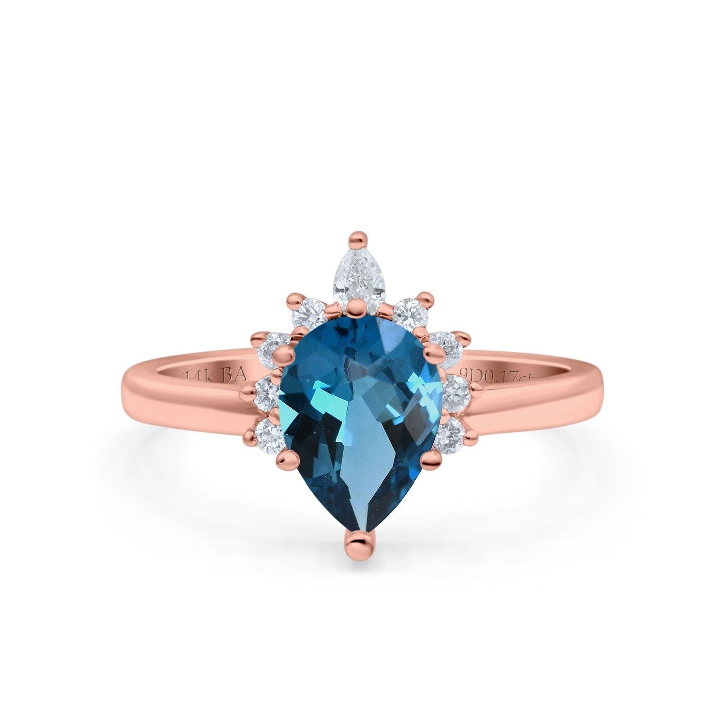 14K Rose Gold 1.5ct Teardrop Art Deco Pear 9mmx6mm G SI London Blue Topaz Diamond Engagement Wedding Ring Size 6.5