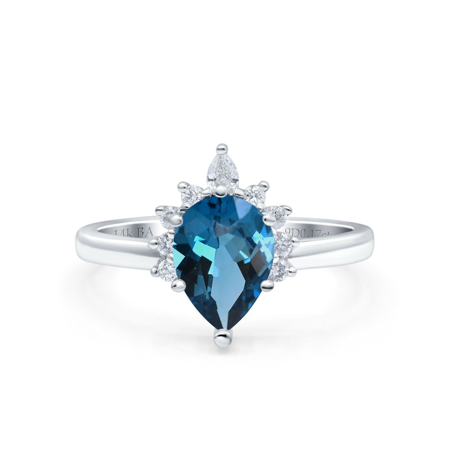 14K White Gold 1.5ct Teardrop Art Deco Pear 9mmx6mm G SI London Blue Topaz Diamond Engagement Wedding Ring Size 6.5