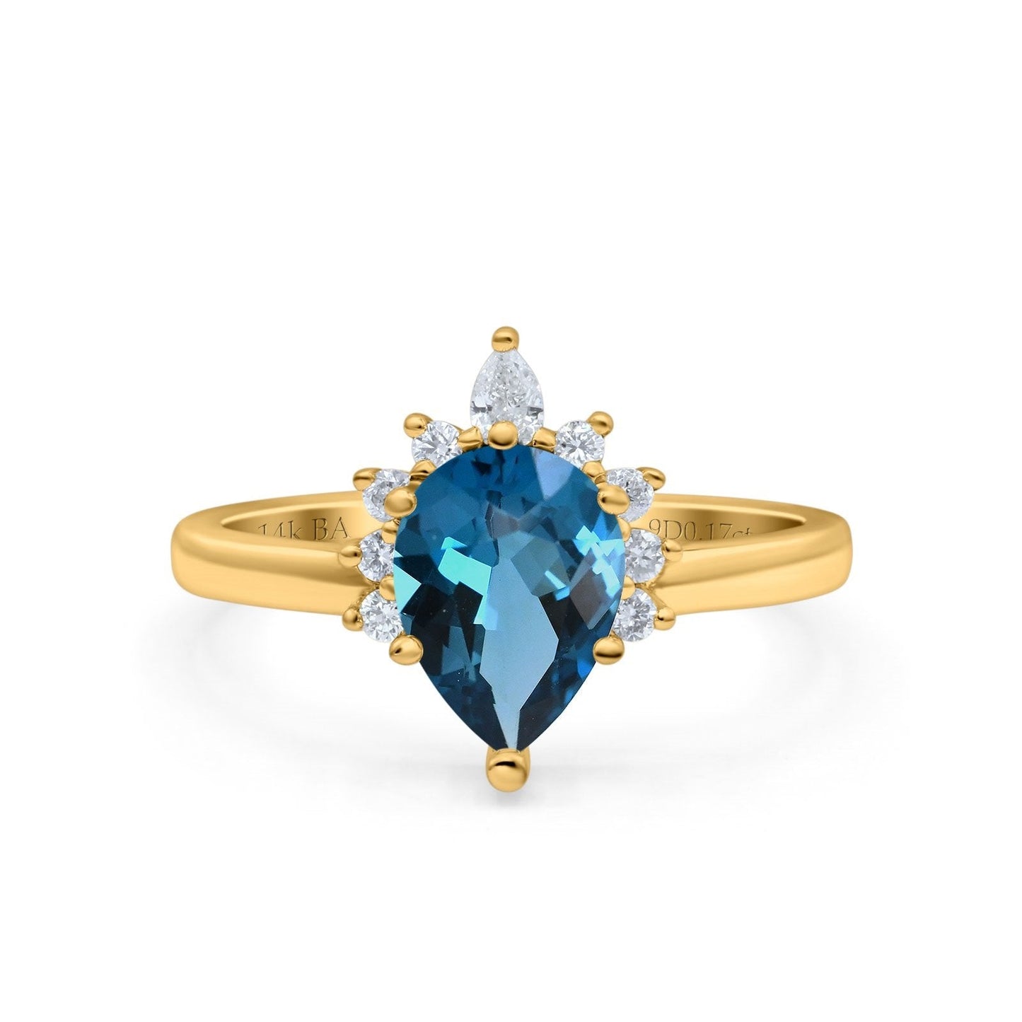 14K Yellow Gold 1.5ct Teardrop Art Deco Pear 9mmx6mm G SI London Blue Topaz Diamond Engagement Wedding Ring Size 6.5