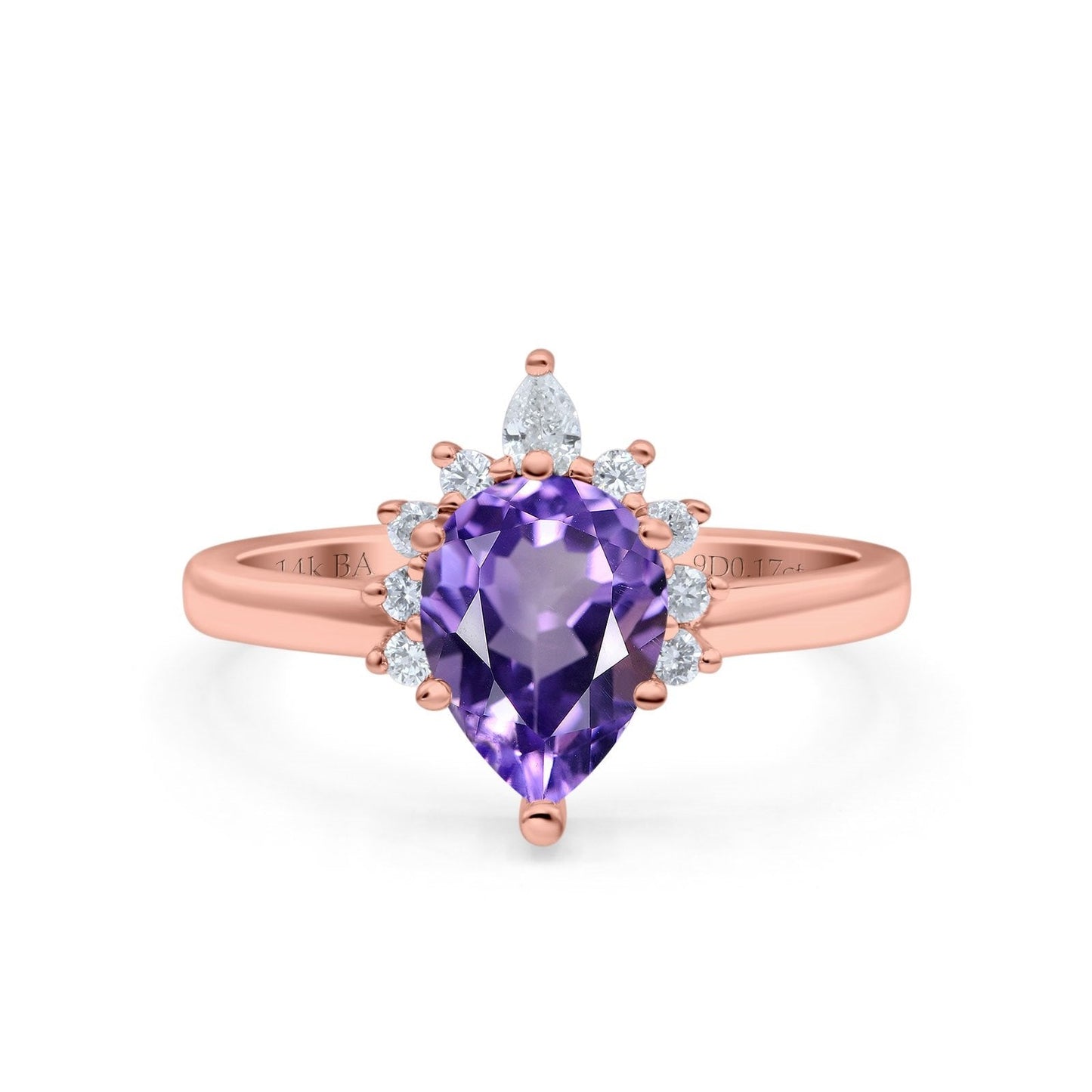 14K Rose Gold 1.5ct Teardrop Art Deco Pear 9mmx6mm G SI Natural Amethyst Diamond Engagement Wedding Ring Size 6.5