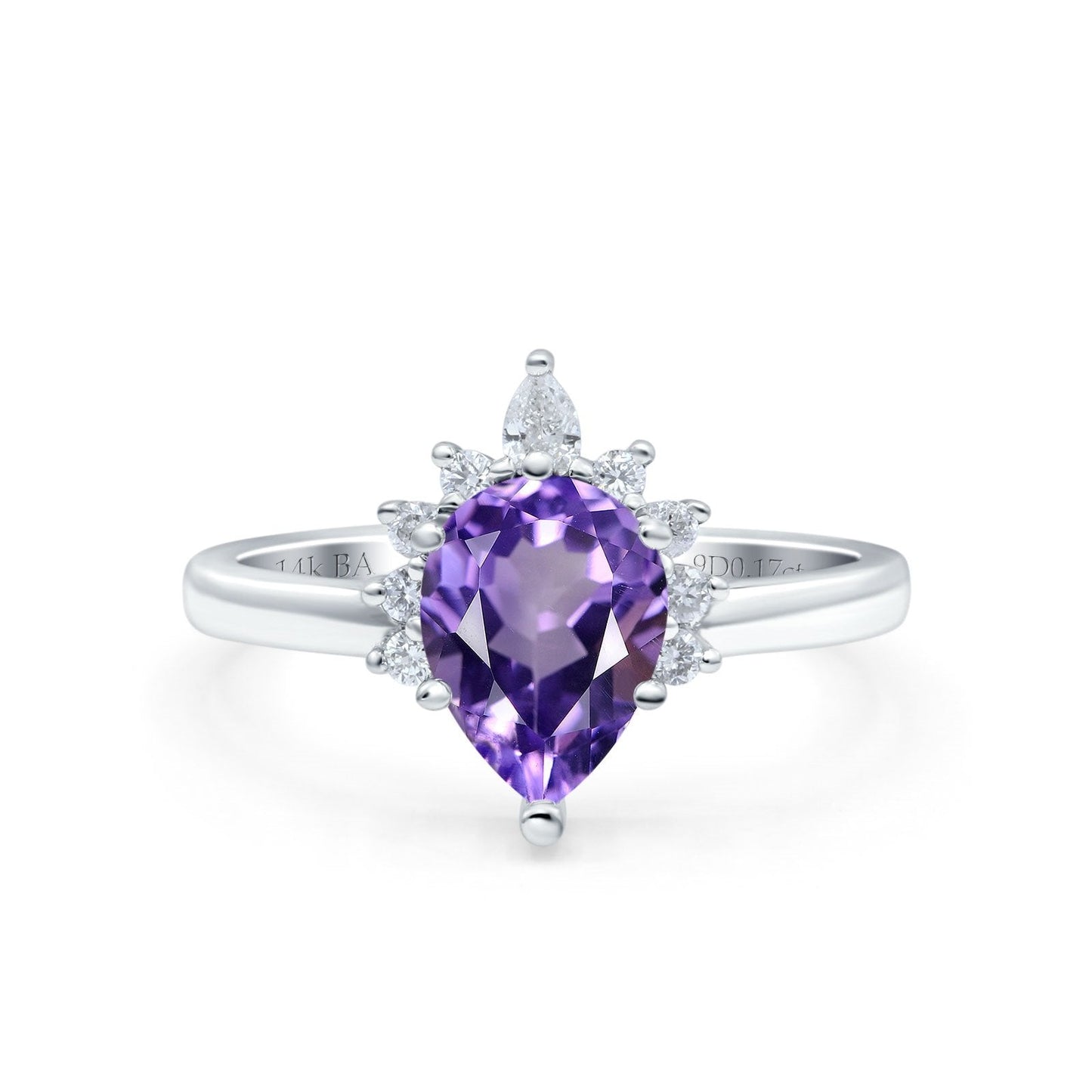 14K White Gold 1.5ct Teardrop Art Deco Pear 9mmx6mm G SI Natural Amethyst Diamond Engagement Wedding Ring Size 6.5