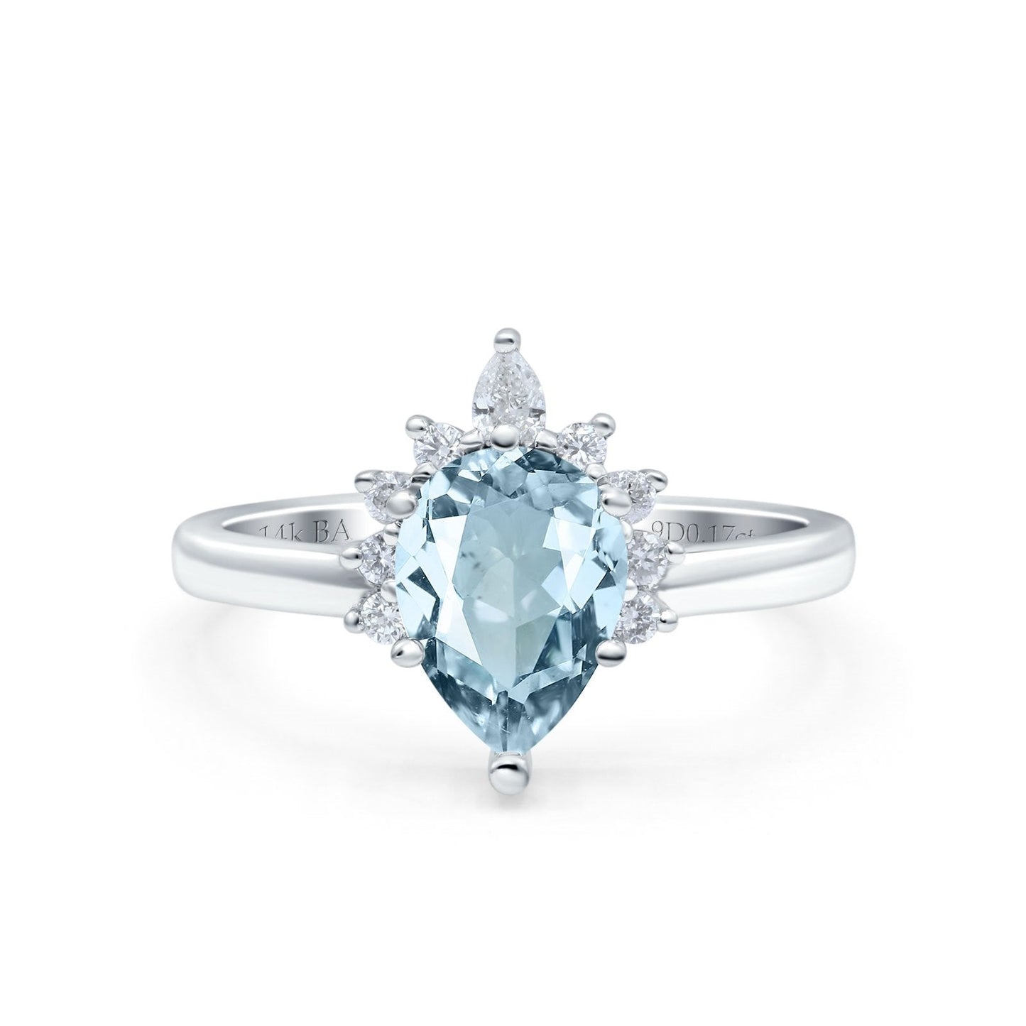 14K White Gold 1.5ct Teardrop Art Deco Pear 9mmx6mm G SI Natural Aquamarine Diamond Engagement Wedding Ring Size 6.5