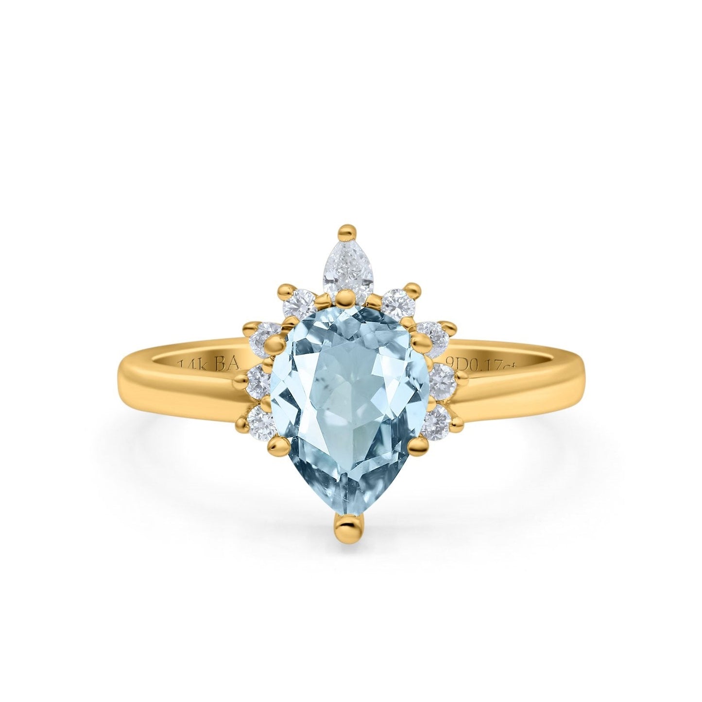 14K Yellow Gold 1.5ct Teardrop Art Deco Pear 9mmx6mm G SI Natural Aquamarine Diamond Engagement Wedding Ring Size 6.5