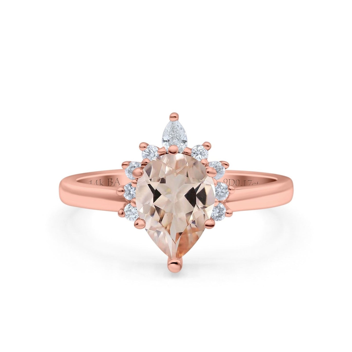 14K Rose Gold 1.5ct Teardrop Art Deco Pear 9mmx6mm G SI Natural Morganite Diamond Engagement Wedding Ring Size 6.5