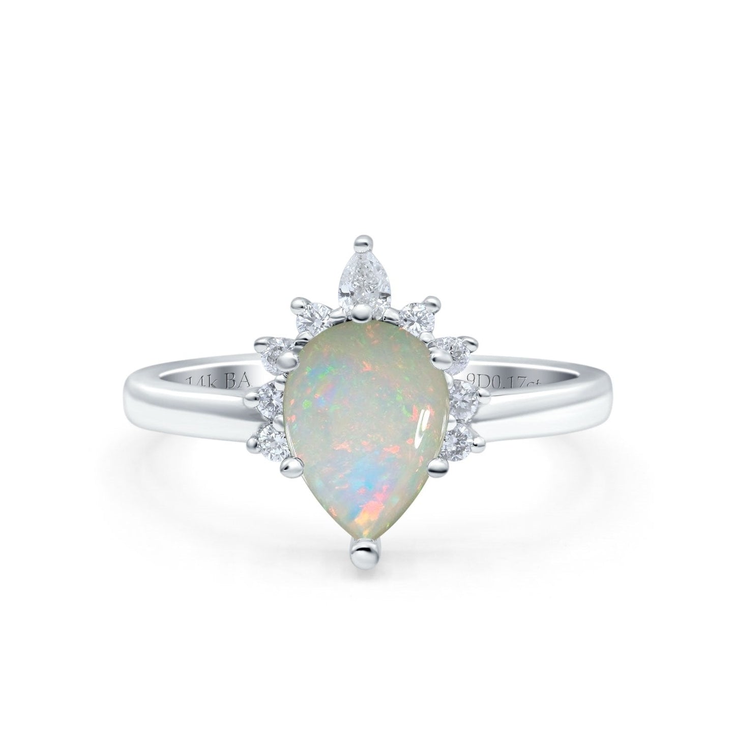 14K White Gold 0.17ct Teardrop Art Deco Pear 9mmx6mm G SI Natural White Opal Diamond Engagement Wedding Ring Size 6.5