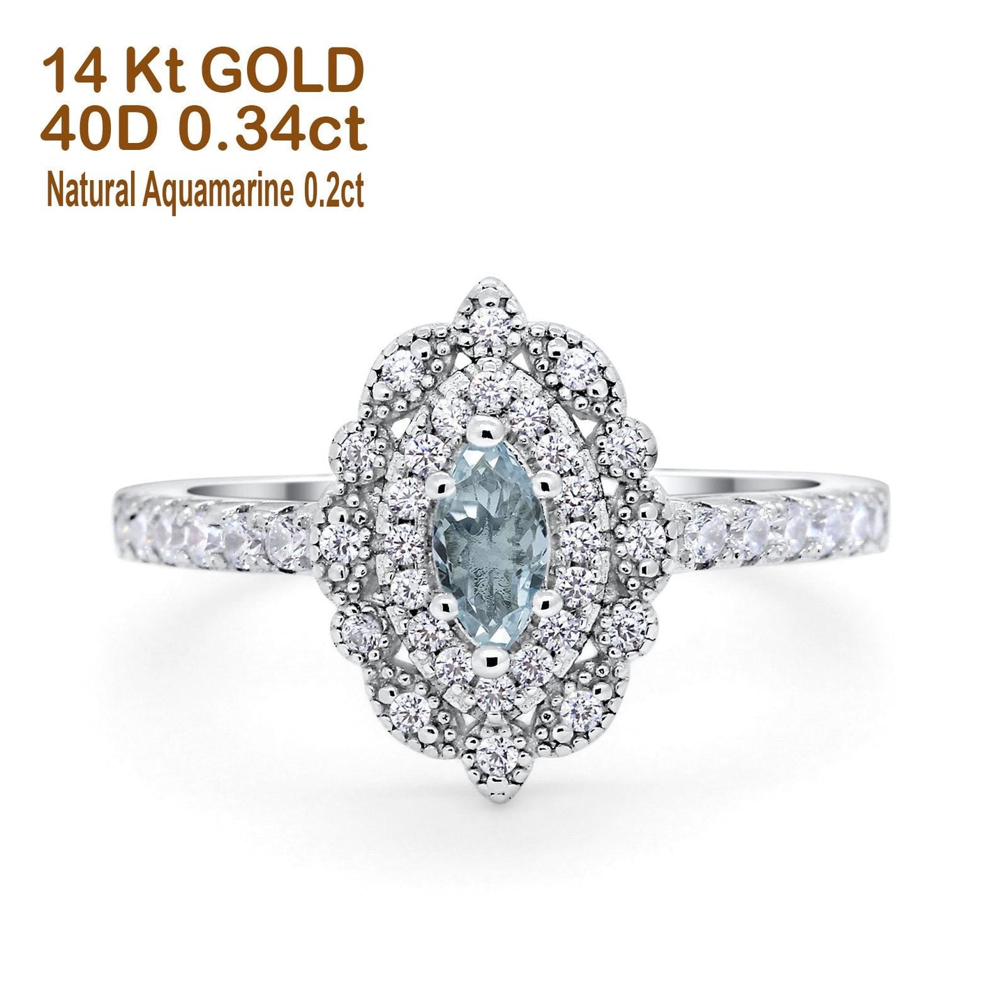 14K 0.54ct White Gold Natural Aquamarine G SI Diamond Engagement Ring Size 6.5