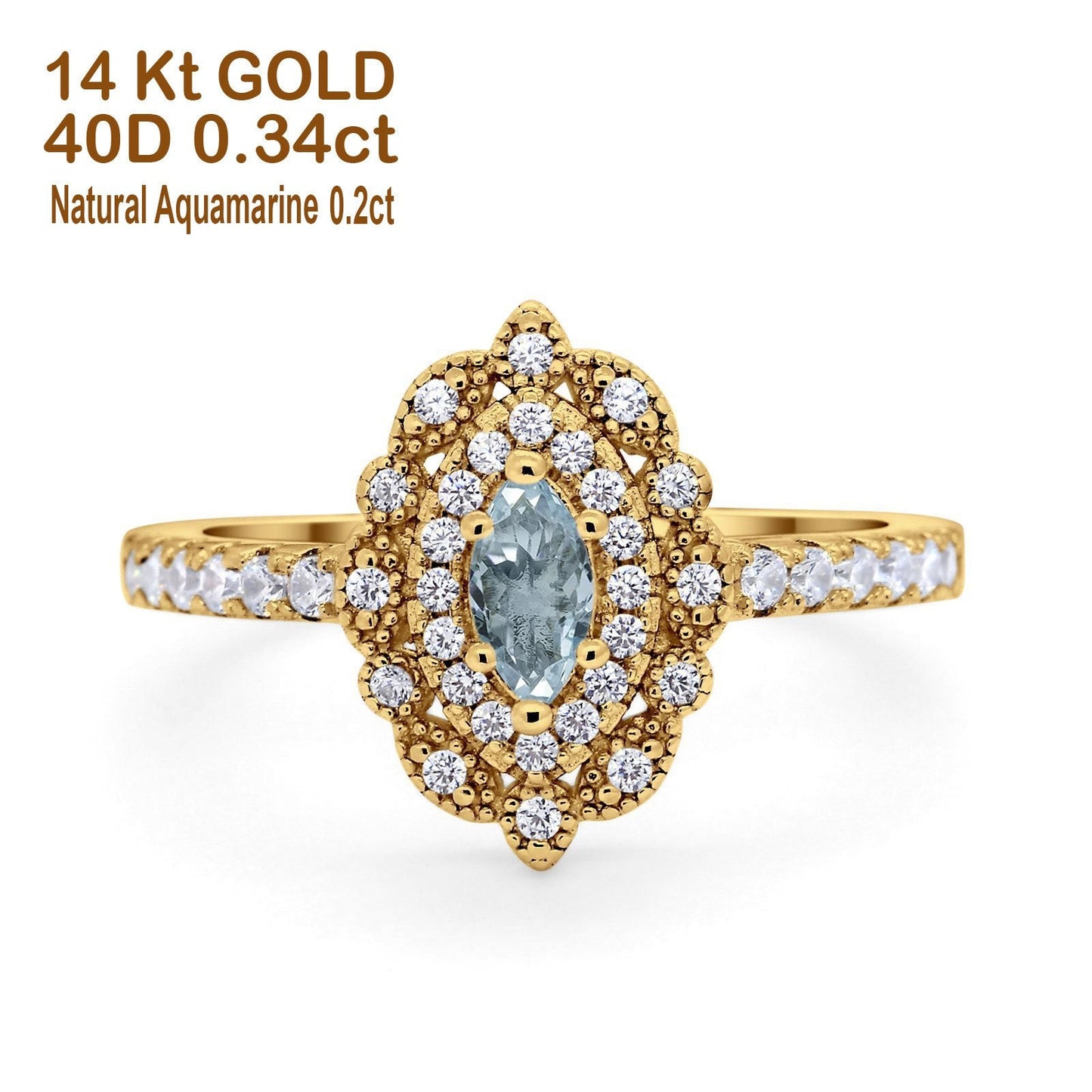 14K 0.54ct Yellow Gold Natural Aquamarine G SI Diamond Engagement Ring Size 6.5