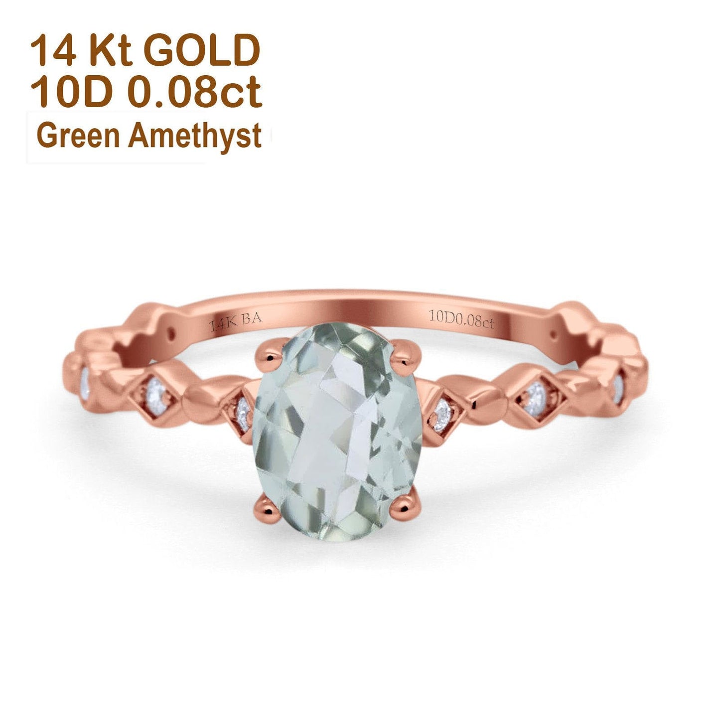 14K Rose Gold 1.29ct Oval Natural Green Amethyst G SI Diamond Engagement Ring Size 6.5