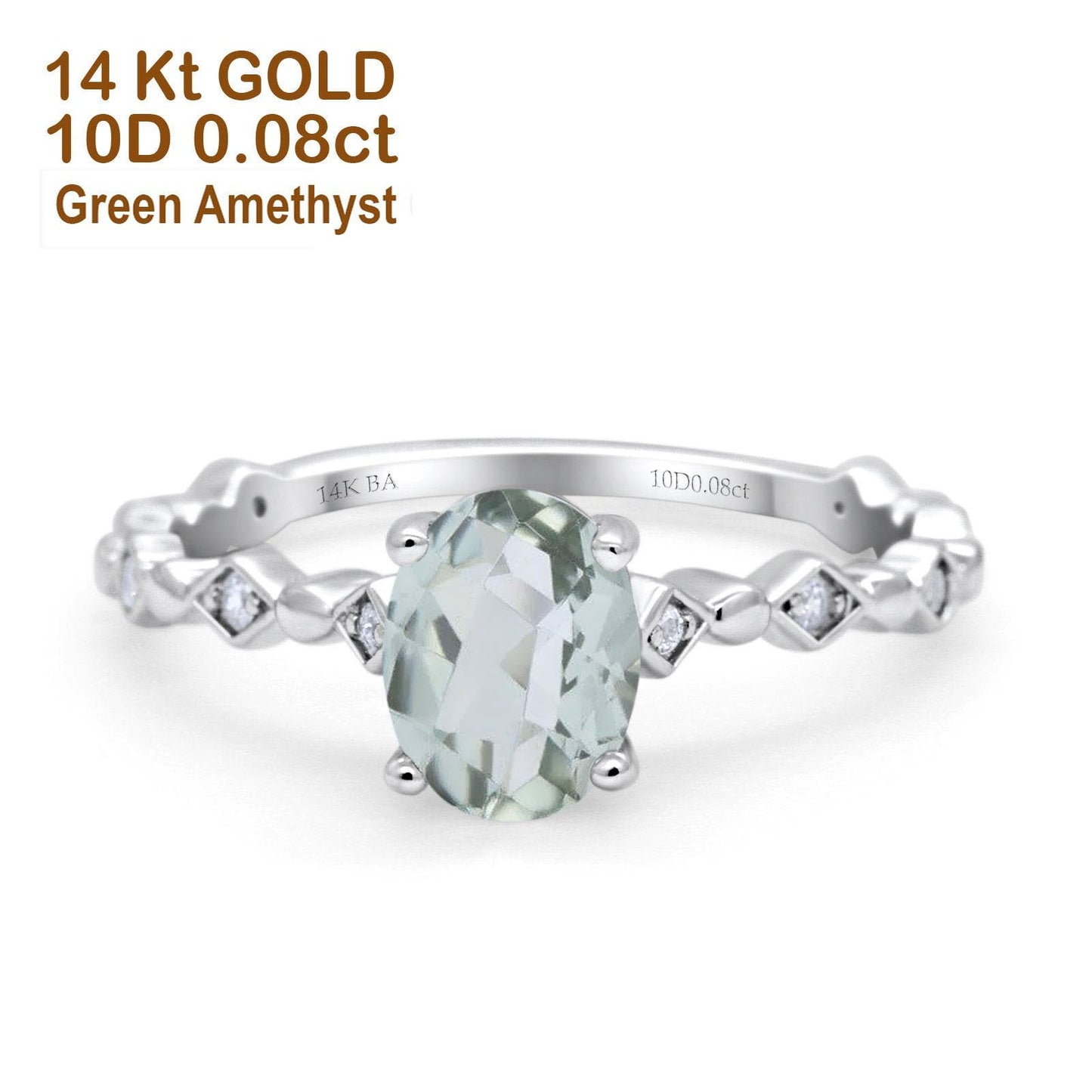 14K White Gold 1.29ct Oval Natural Green Amethyst G SI Diamond Engagement Ring Size 6.5