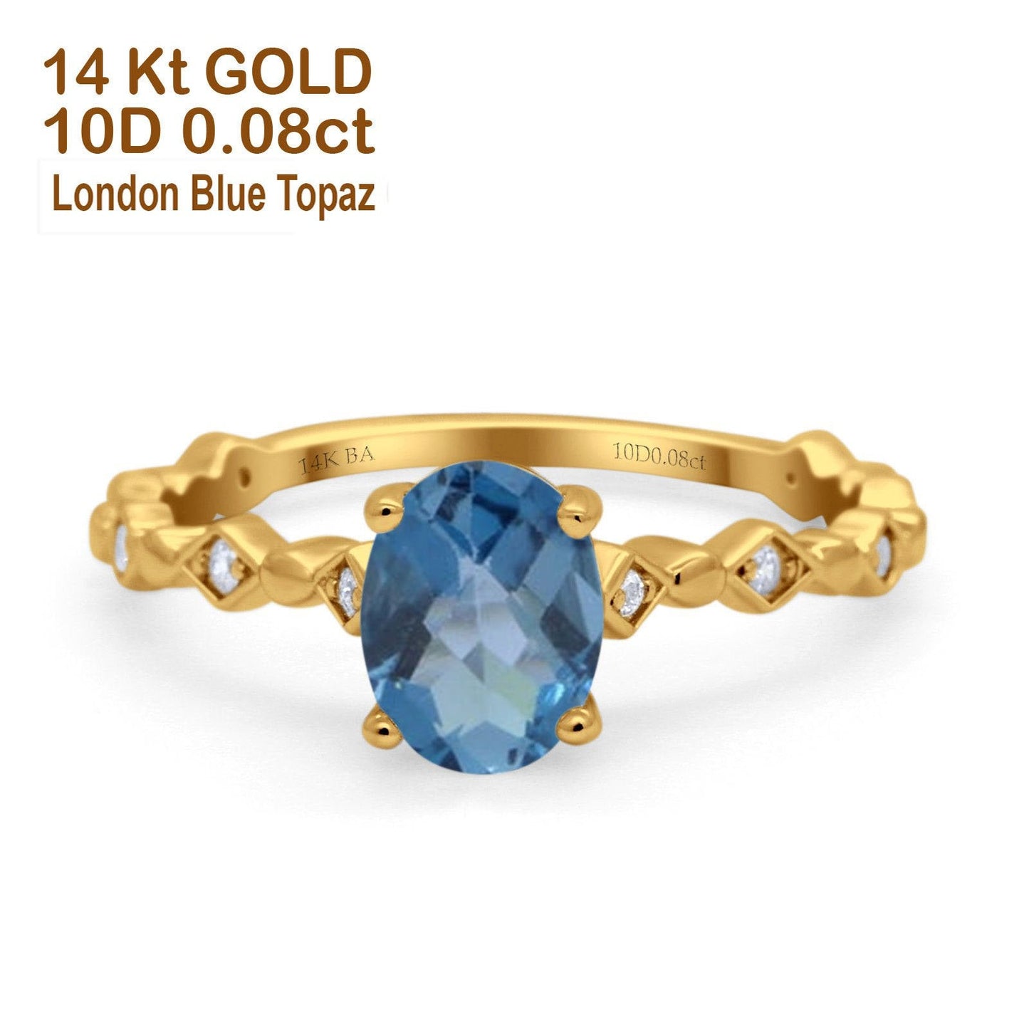 14K Yellow Gold 1.29ct Oval London Blue Topaz G SI Diamond Engagement Ring Size 6.5