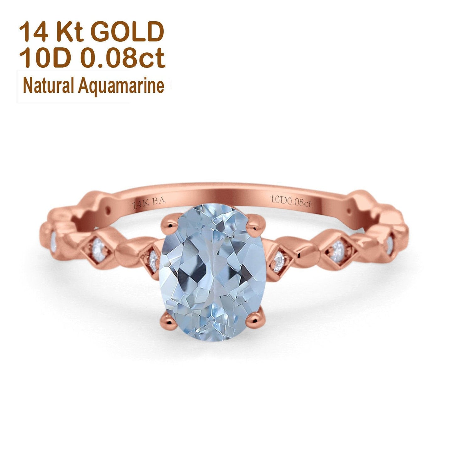 Bague de fiançailles en or rose 14 carats avec aigue-marine naturelle ovale de 1,29 ct et diamant G SI, taille 6,5