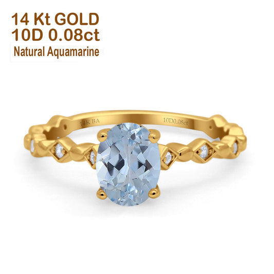 14K Yellow Gold 1.29ct Oval Natural Aquamarine G SI Diamond Engagement Ring Size 6.5