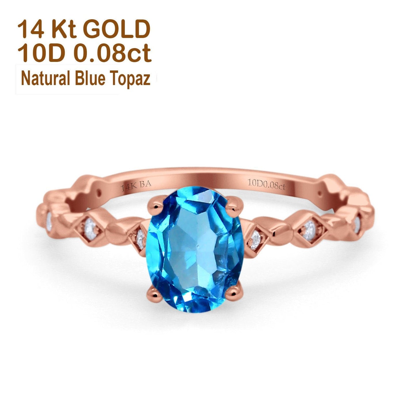 Bague de fiançailles en or rose 14 carats avec topaze bleue suisse naturelle ovale de 1,29 ct et diamant G SI, taille 6,5