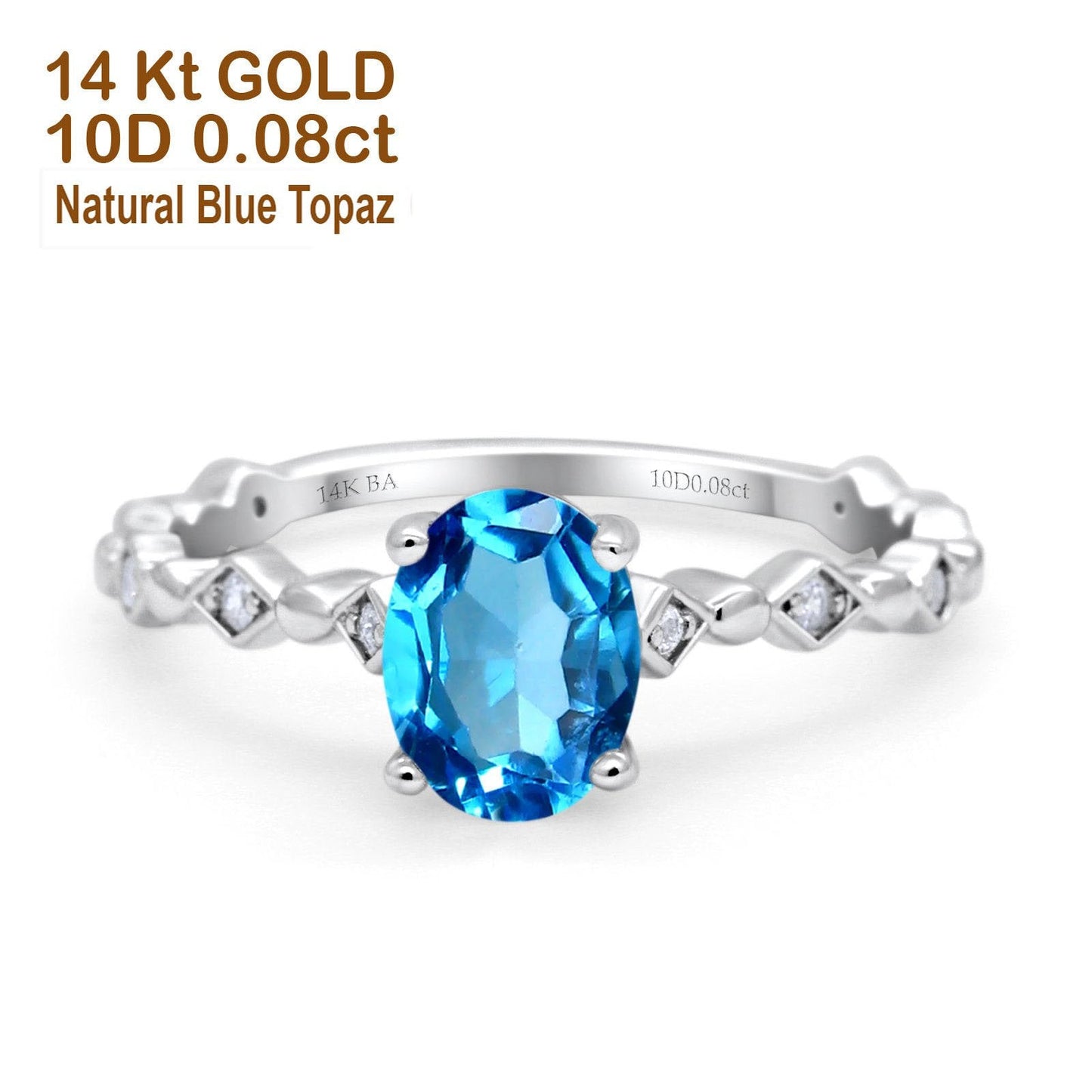 Bague de fiançailles en or blanc 14 carats avec topaze bleue suisse ovale naturelle de 1,29 ct et diamant G SI, taille 6,5