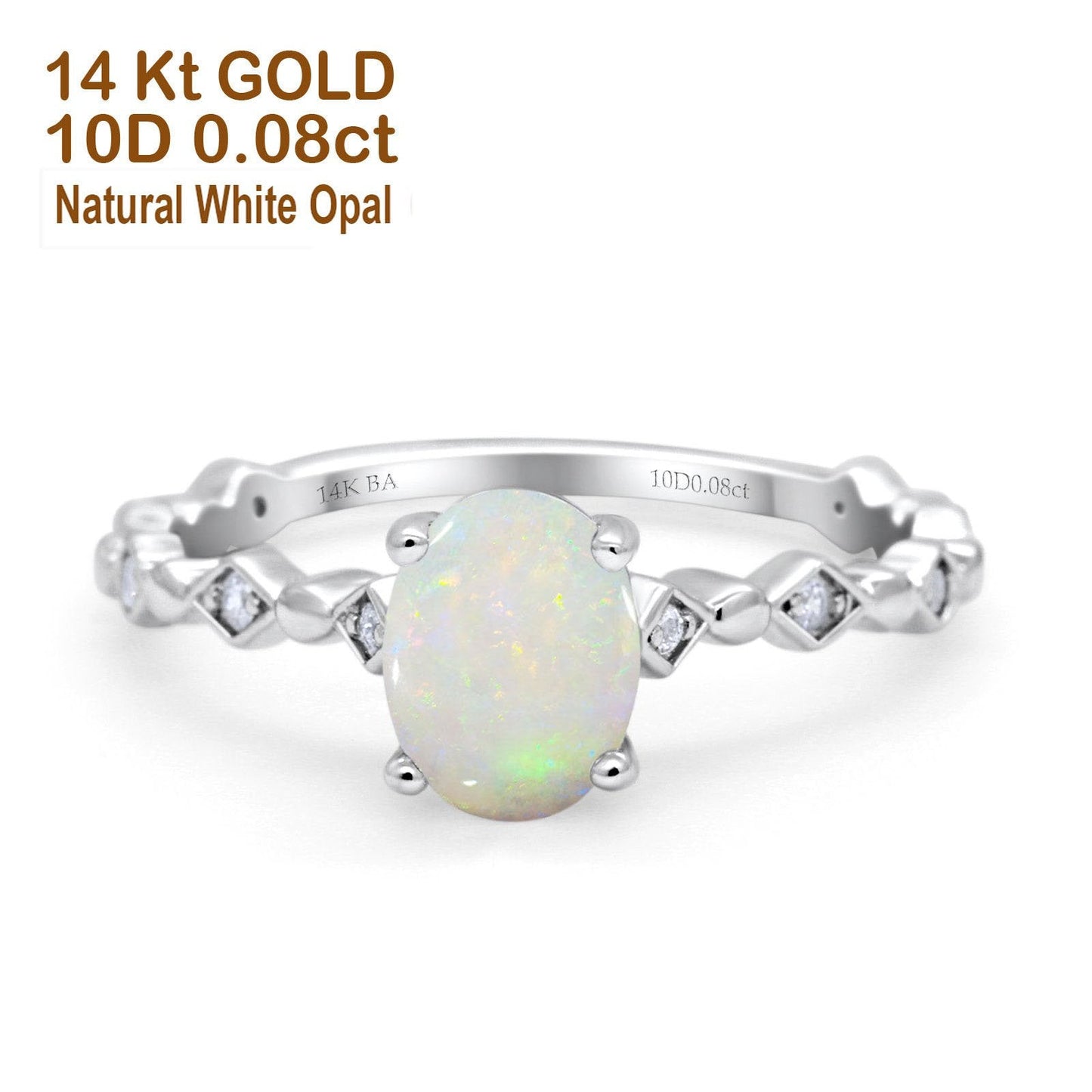 14K White Gold 0.08ct Oval Natural White Opal G SI Diamond Engagement Ring Size 6.5