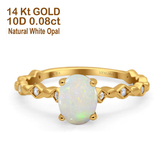 14K Yellow Gold 0.08ct Oval Natural White Opal G SI Diamond Engagement Ring Size 6.5