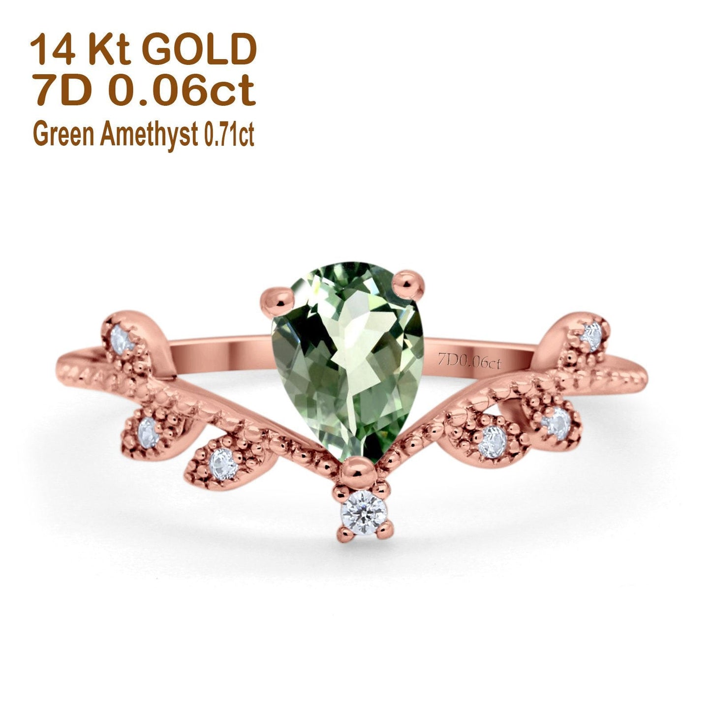 14K Rose Gold Pear Natural Green Amethyst 0.77ct G SI Diamond Engagement Ring Size 6.5