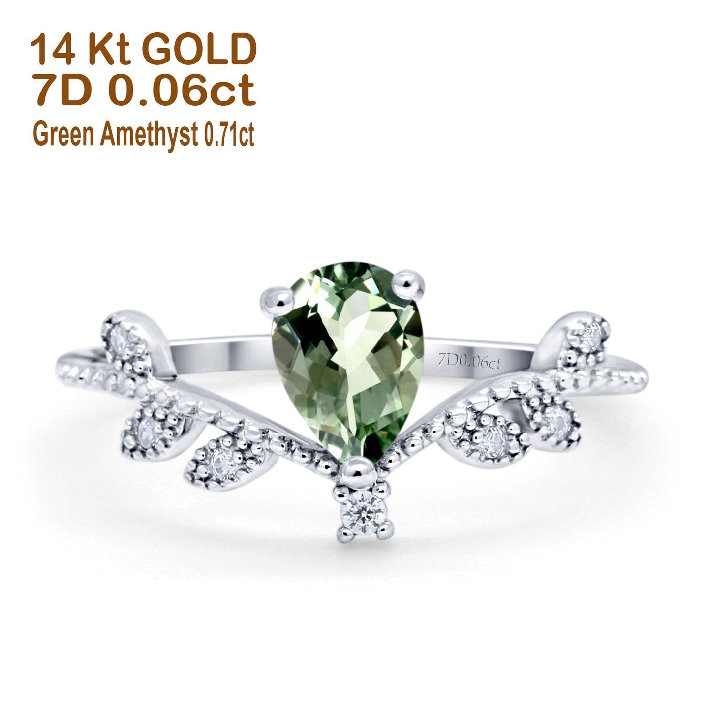 14K White Gold Pear Natural Green Amethyst 0.77ct G SI Diamond Engagement Ring Size 6.5