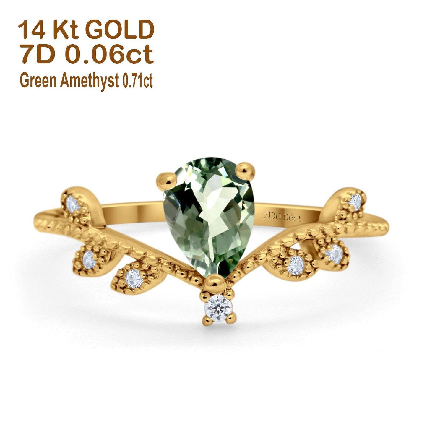 14K Yellow Gold Pear Natural Green Amethyst 0.77ct G SI Diamond Engagement Ring Size 6.5