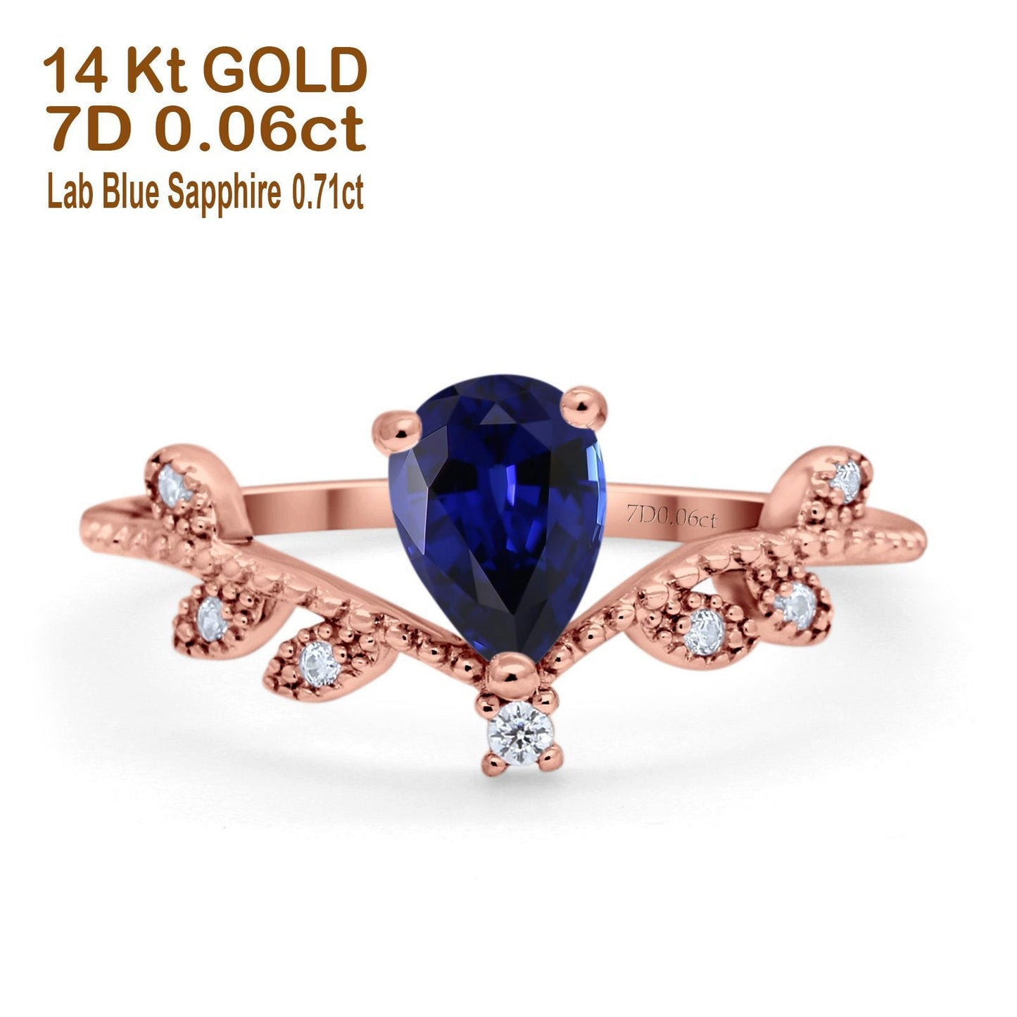 14K Rose Gold Pear Nano Blue Sapphire 0.77ct G SI Diamond Engagement Ring Size 6.5