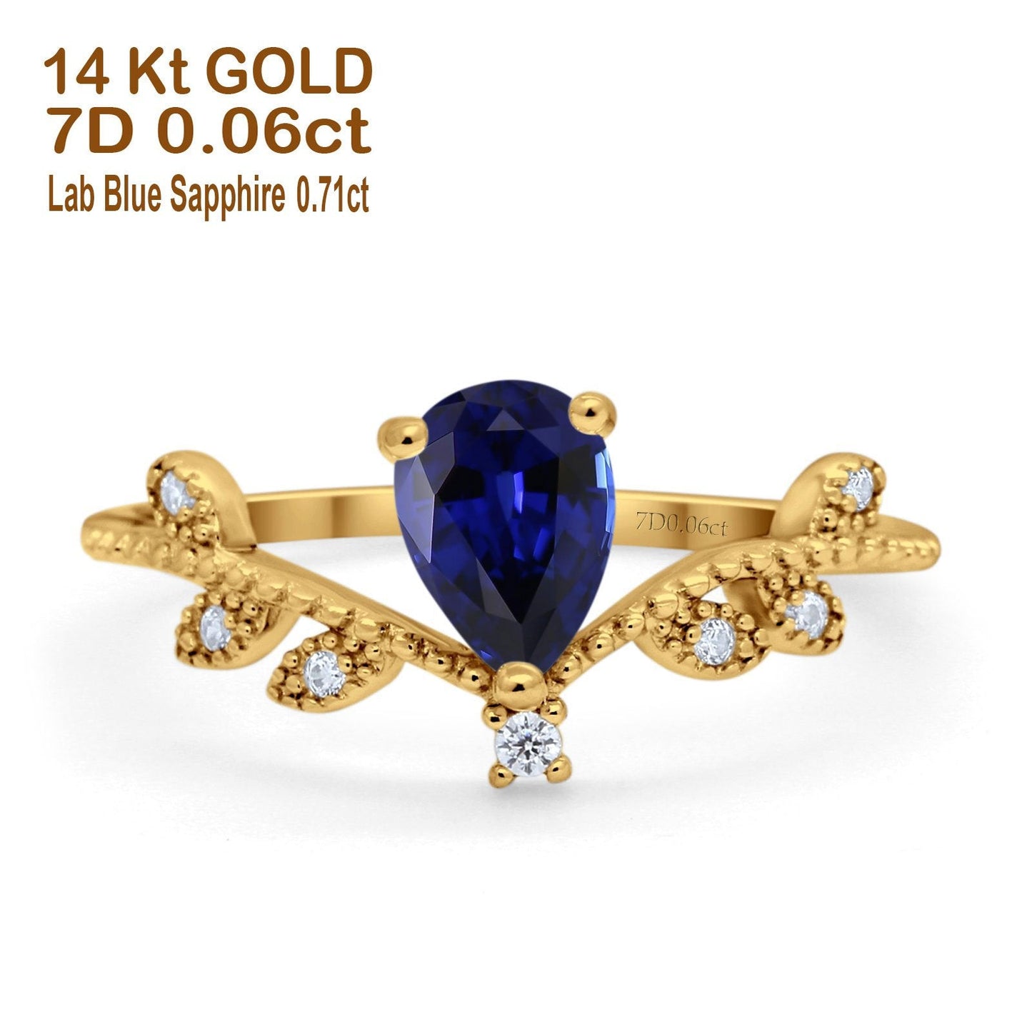 Bague de fiançailles en or jaune 14 carats avec saphir bleu nano en forme de poire de 0,77 ct et diamant G SI, taille 6,5