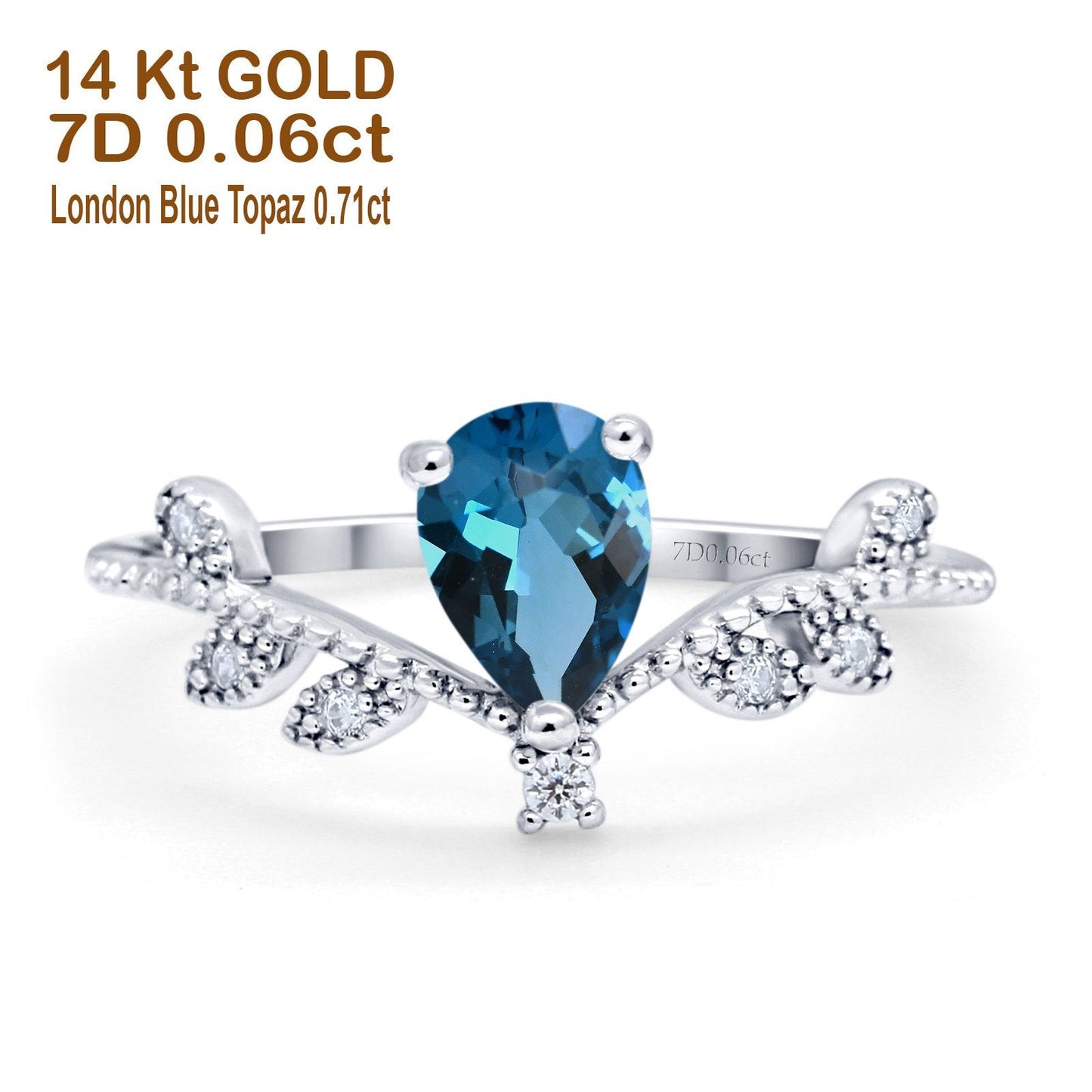 14K White Gold Pear London Blue Topaz 0.77ct G SI Diamond Engagement Ring Size 6.5