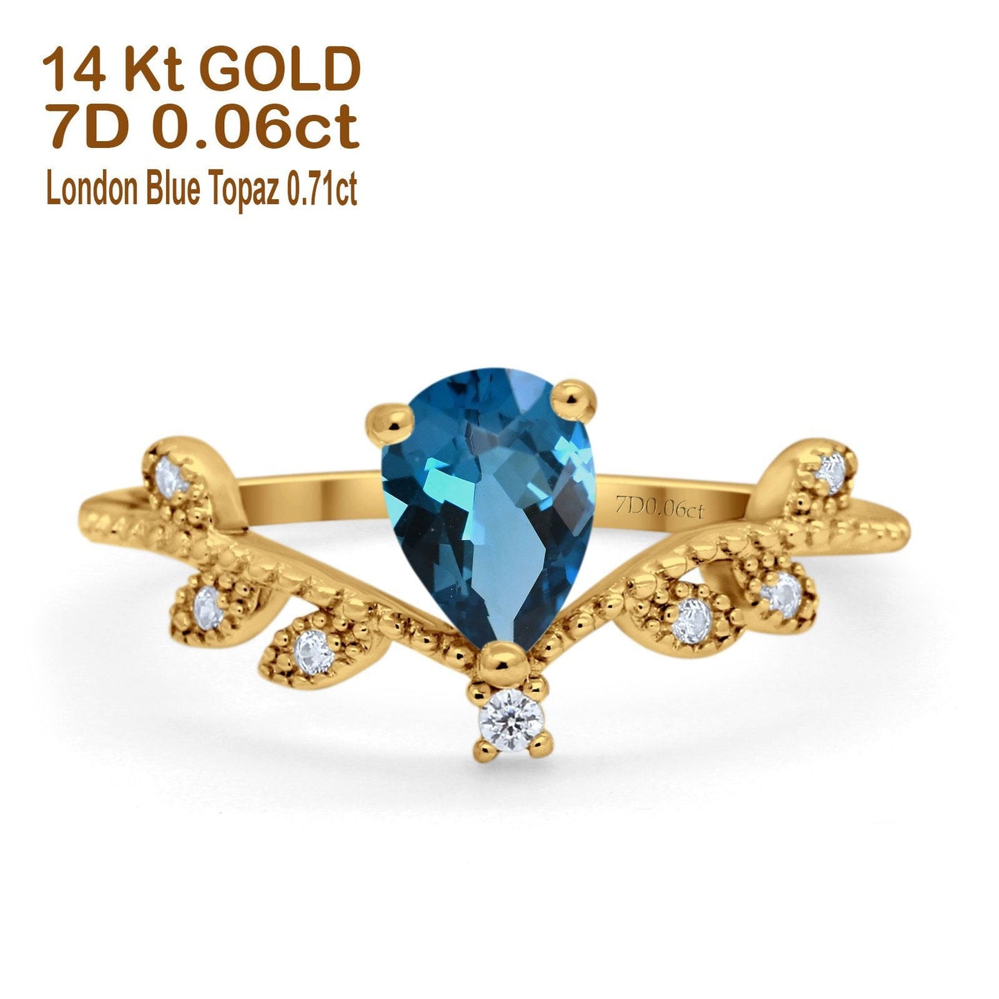 14K Yellow Gold Pear London Blue Topaz 0.77ct G SI Diamond Engagement Ring Size 6.5