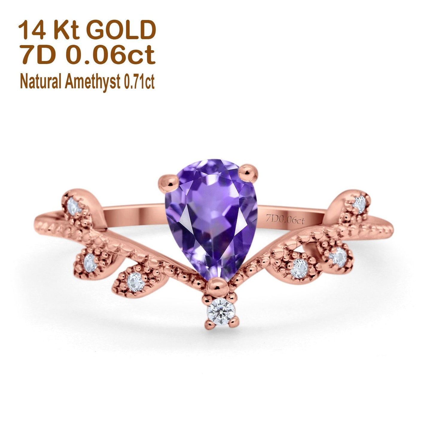 14K Rose Gold Pear Natural Amethyst 0.77ct G SI Diamond Engagement Ring Size 6.5