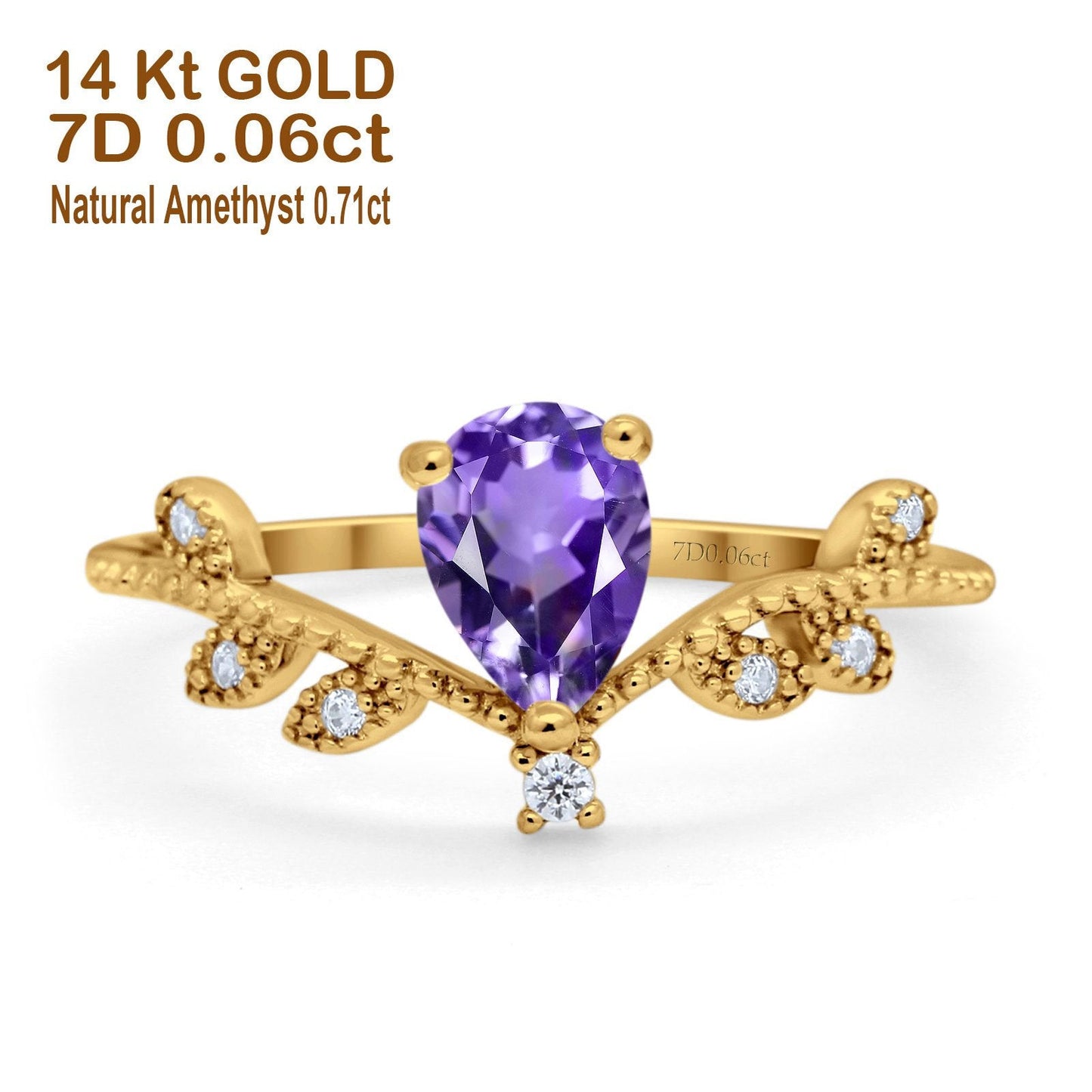 14K Yellow Gold Pear Natural Amethyst 0.77ct G SI Diamond Engagement Ring Size 6.5