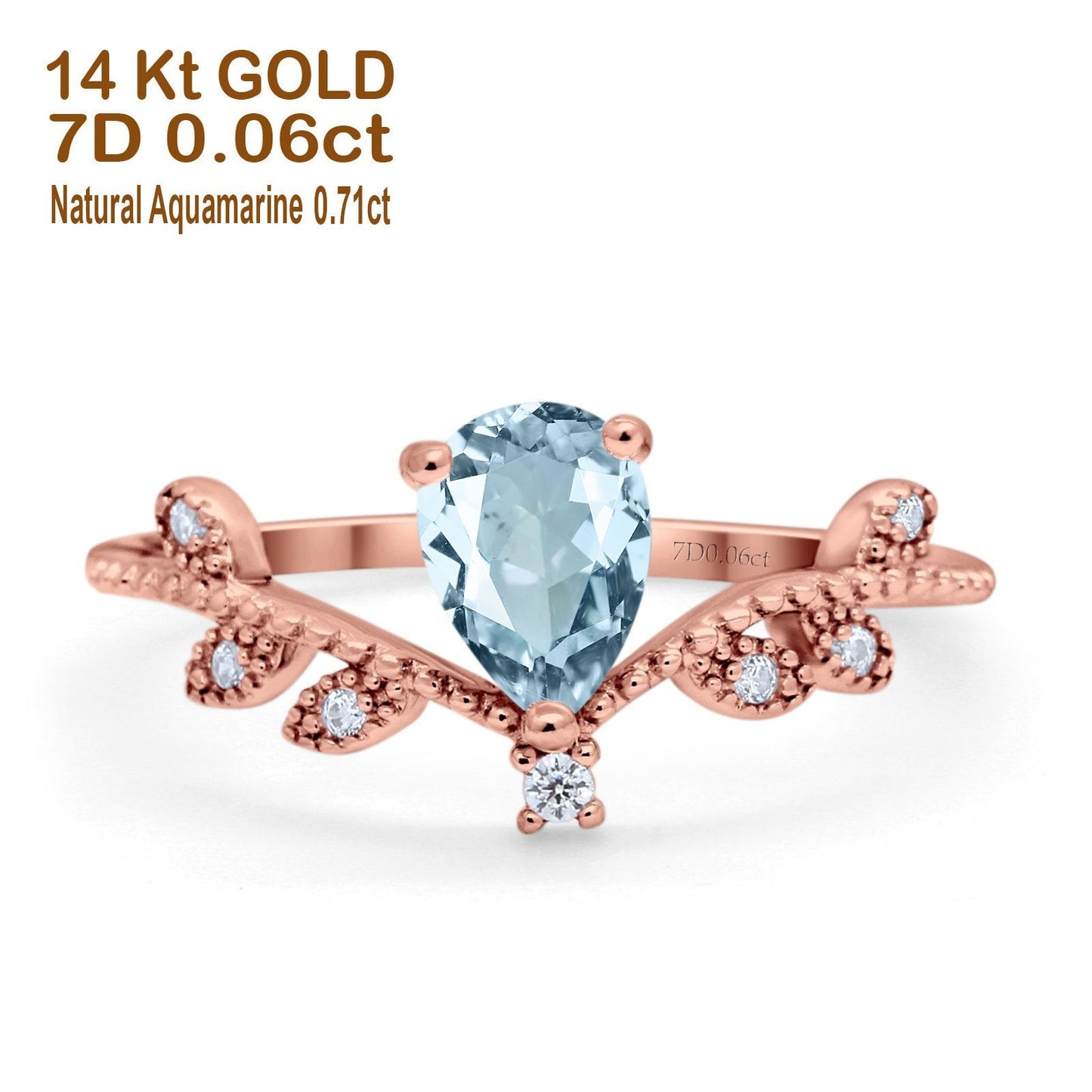 14K Rose Gold Pear Natural Aquamarine 0.77ct G SI Diamond Engagement Ring Size 6.5