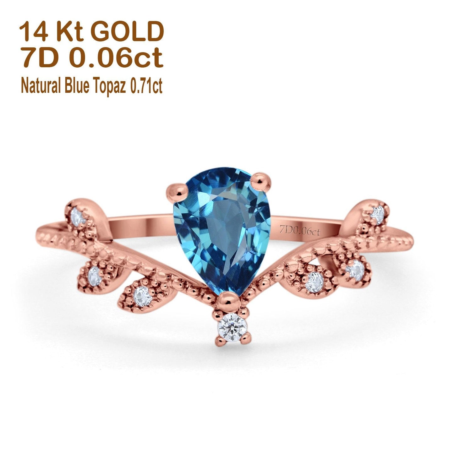 14K Rose Gold Pear Natural Swiss Blue Topaz 0.77ct G SI Diamond Engagement Ring Size 6.5