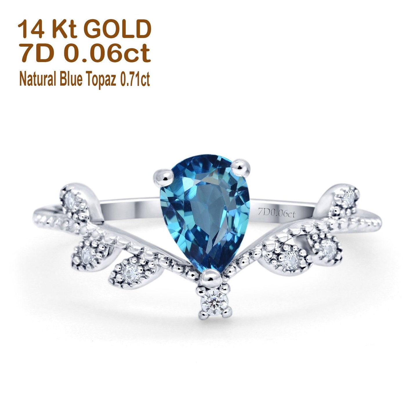 14K White Gold Pear Natural Swiss Blue Topaz 0.77ct G SI Diamond Engagement Ring Size 6.5