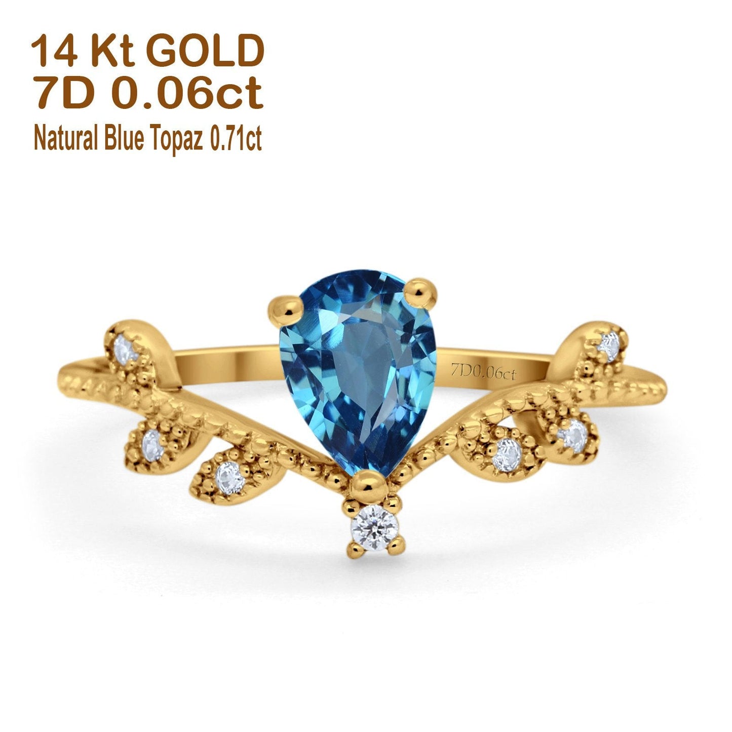 14K Yellow Gold Pear Natural Swiss Blue Topaz 0.77ct G SI Diamond Engagement Ring Size 6.5