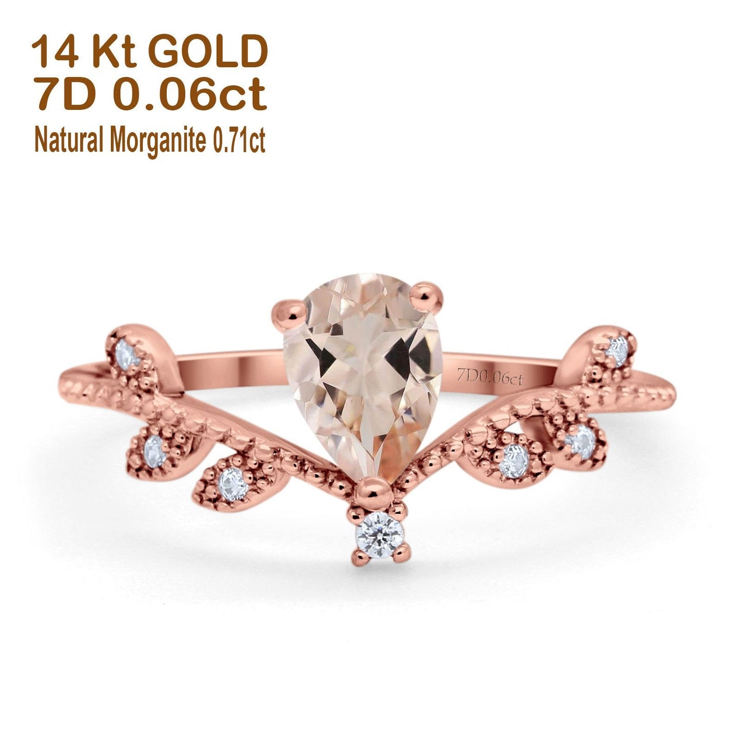 14K Rose Gold Pear Natural Morganite 0.77ct G SI Diamond Engagement Ring Size 6.5