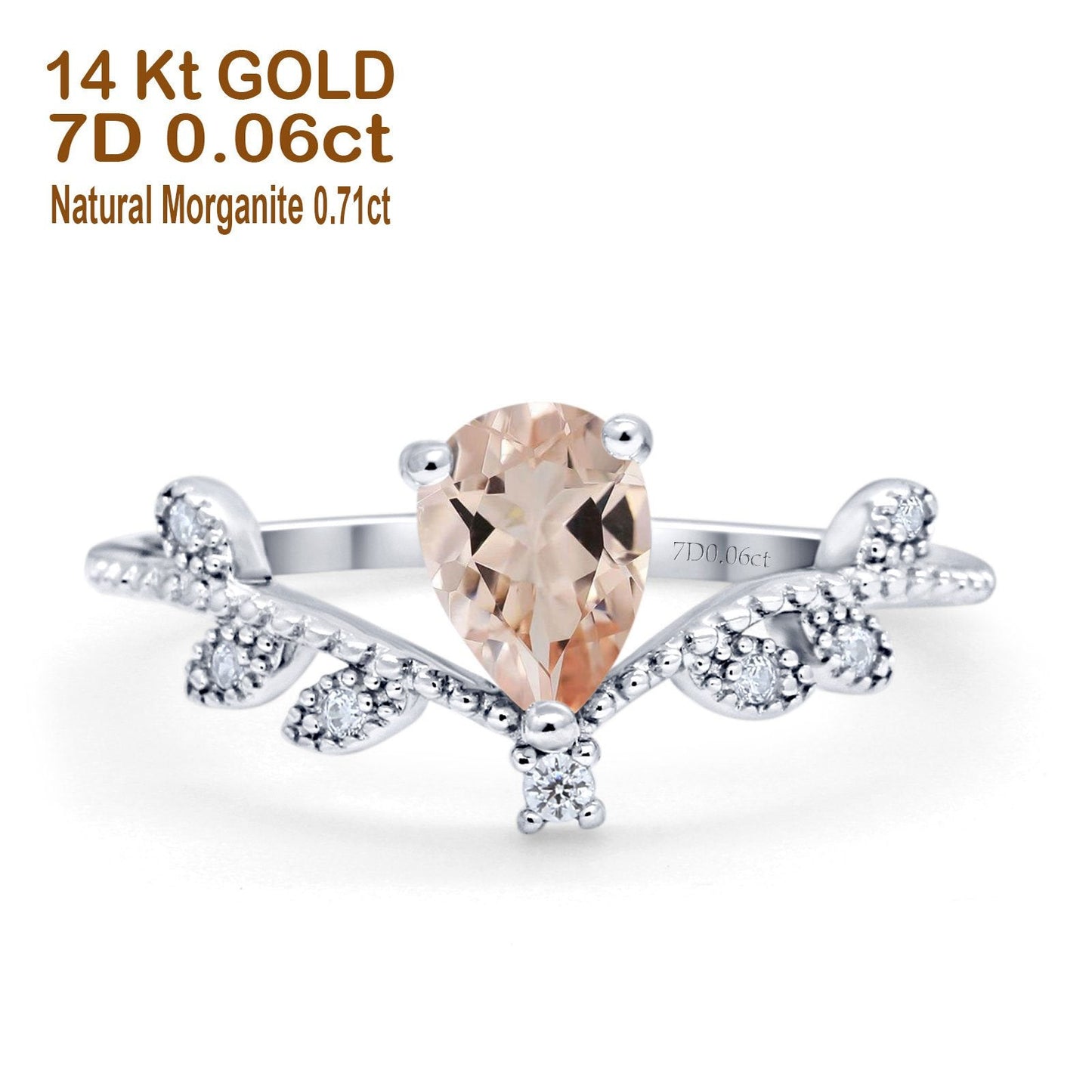 14K White Gold Pear Natural Morganite 0.77ct G SI Diamond Engagement Ring Size 6.5