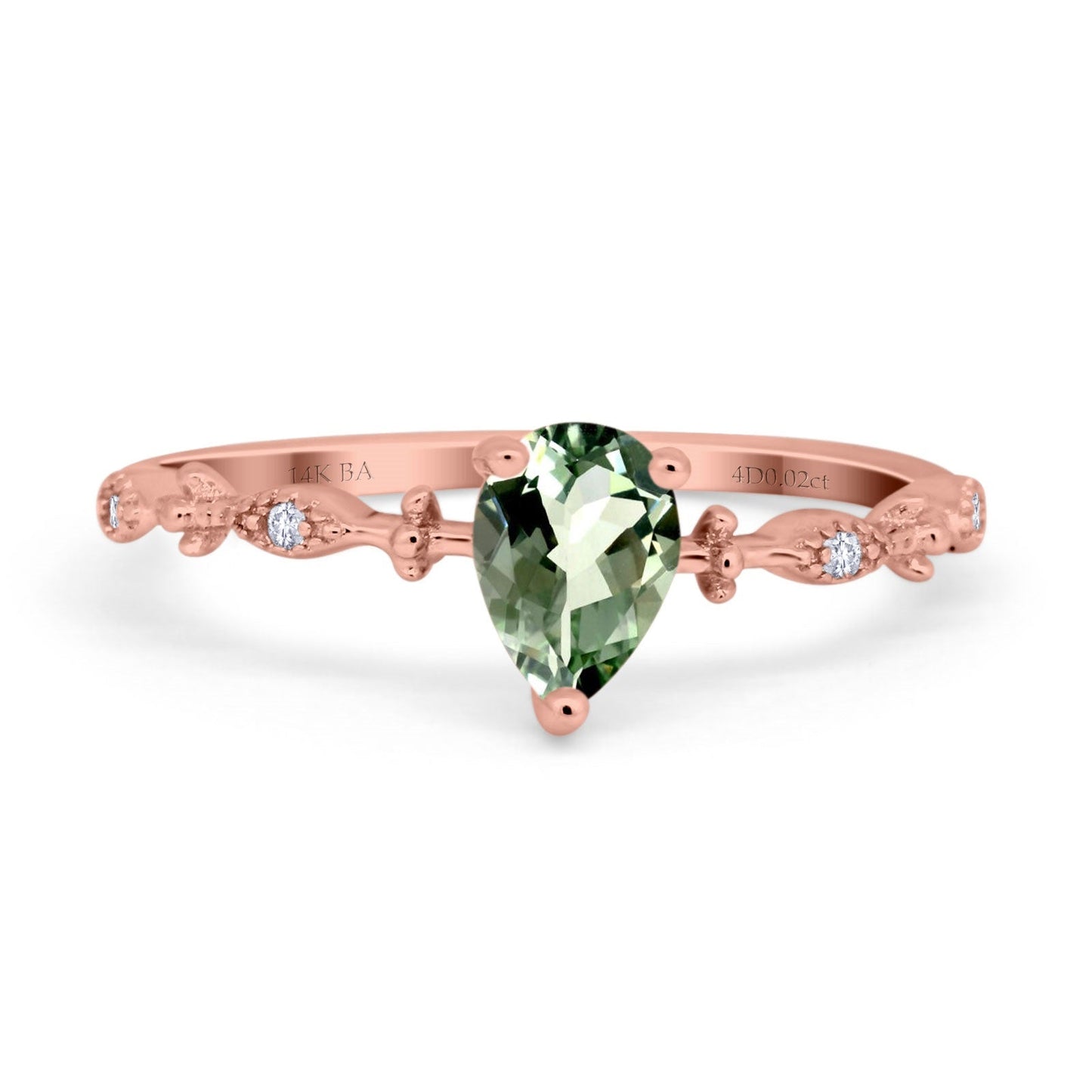 14K Rose Gold 0.73ct Teardrop Pear 7mmx5mm G SI Natural Green Amethyst Diamond Engagement Wedding Ring Size 6.5