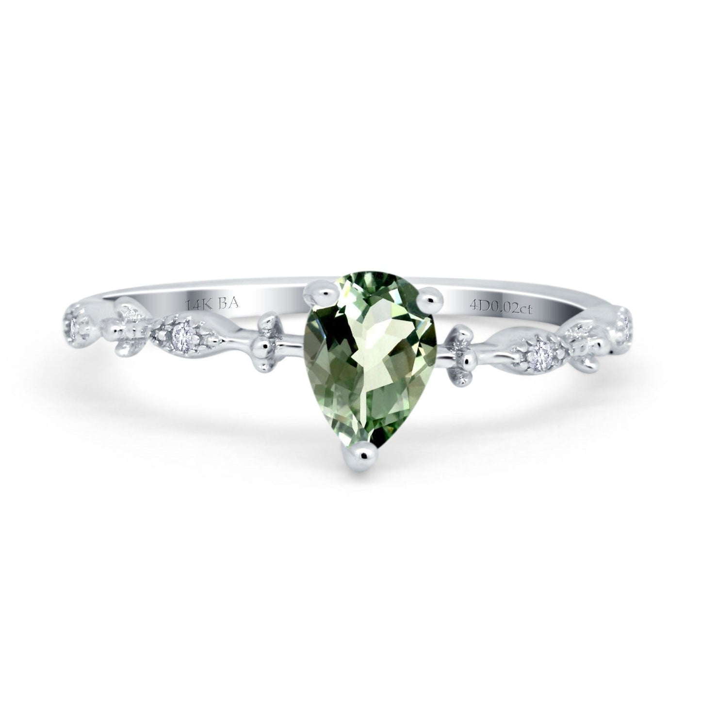 14K White Gold 0.73ct Teardrop Pear 7mmx5mm G SI Natural Green Amethyst Diamond Engagement Wedding Ring Size 6.5