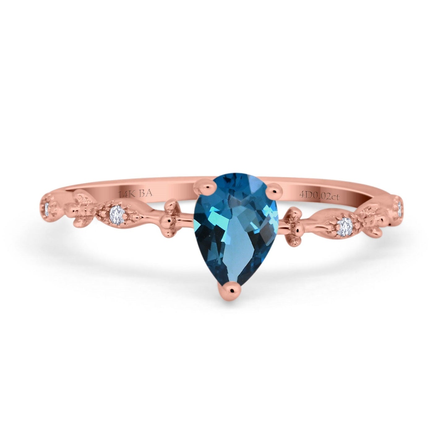 14K Rose Gold 0.73ct Teardrop Pear 7mmx5mm G SI London Blue Topaz Diamond Engagement Wedding Ring Size 6.5