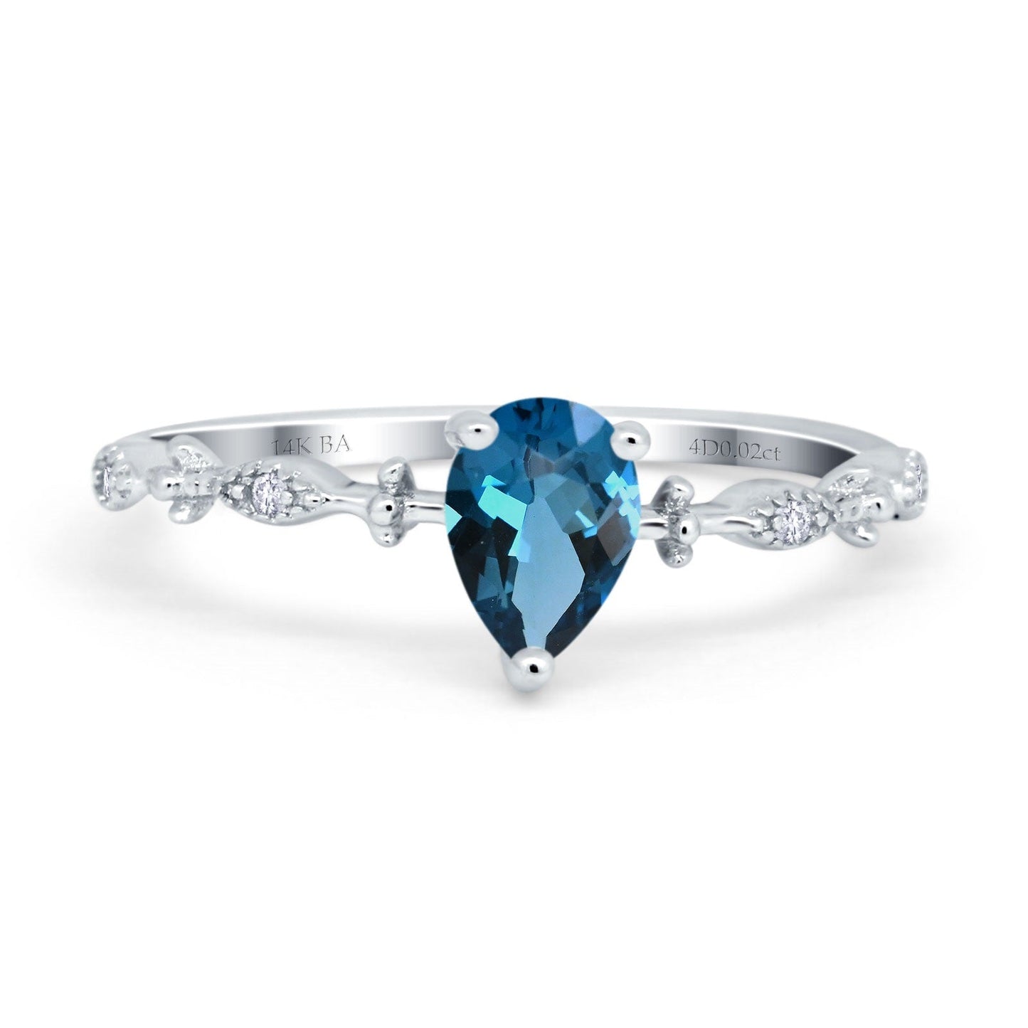 14K White Gold 0.73ct Teardrop Pear 7mmx5mm G SI London Blue Topaz Diamond Engagement Wedding Ring Size 6.5