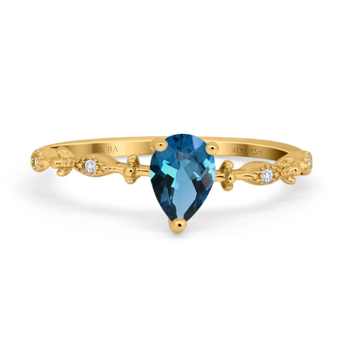 14K Yellow Gold 0.73ct Teardrop Pear 7mmx5mm G SI London Blue Topaz Diamond Engagement Wedding Ring Size 6.5