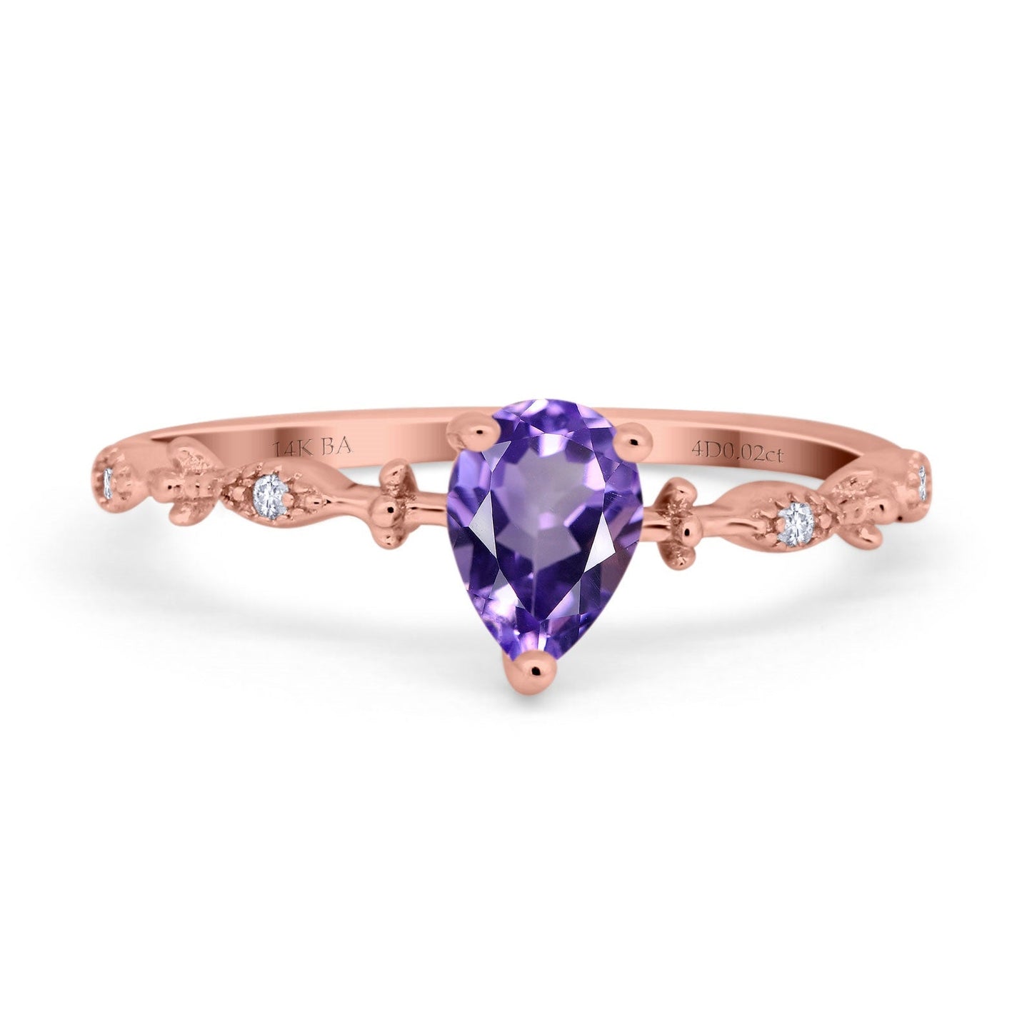 14K Rose Gold 0.73ct Teardrop Pear 7mmx5mm G SI Natural Amethyst Diamond Engagement Wedding Ring Size 6.5