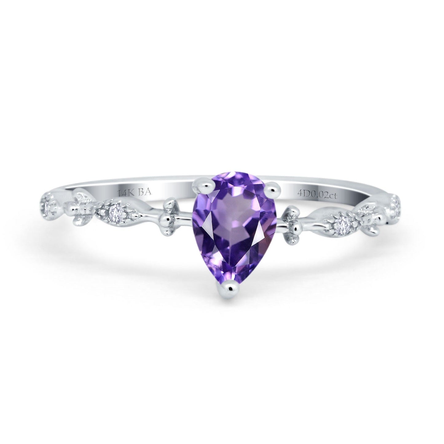 14K White Gold 0.73ct Teardrop Pear 7mmx5mm G SI Natural Amethyst Diamond Engagement Wedding Ring Size 6.5