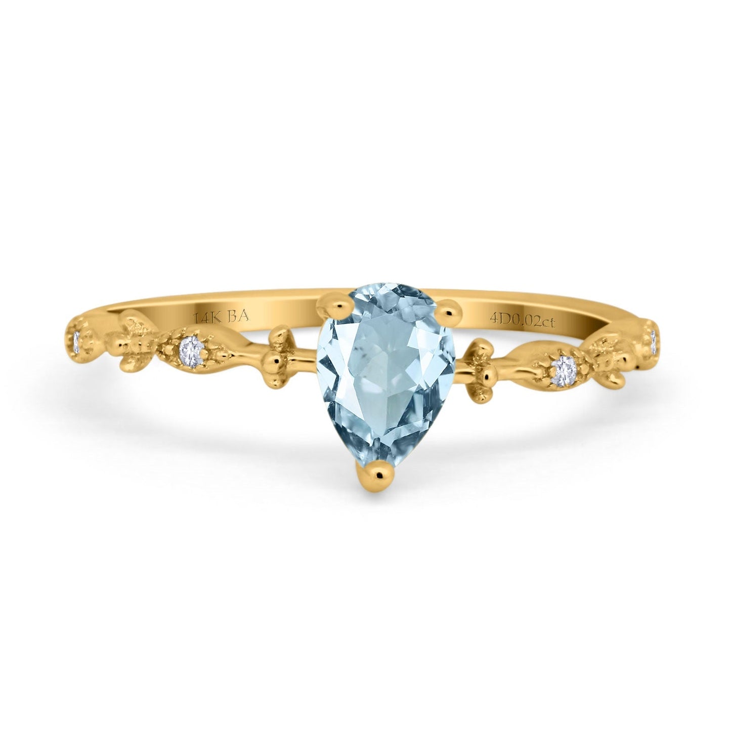 14K Yellow Gold 0.73ct Teardrop Pear 7mmx5mm G SI Natural Aquamarine Diamond Engagement Wedding Ring Size 6.5