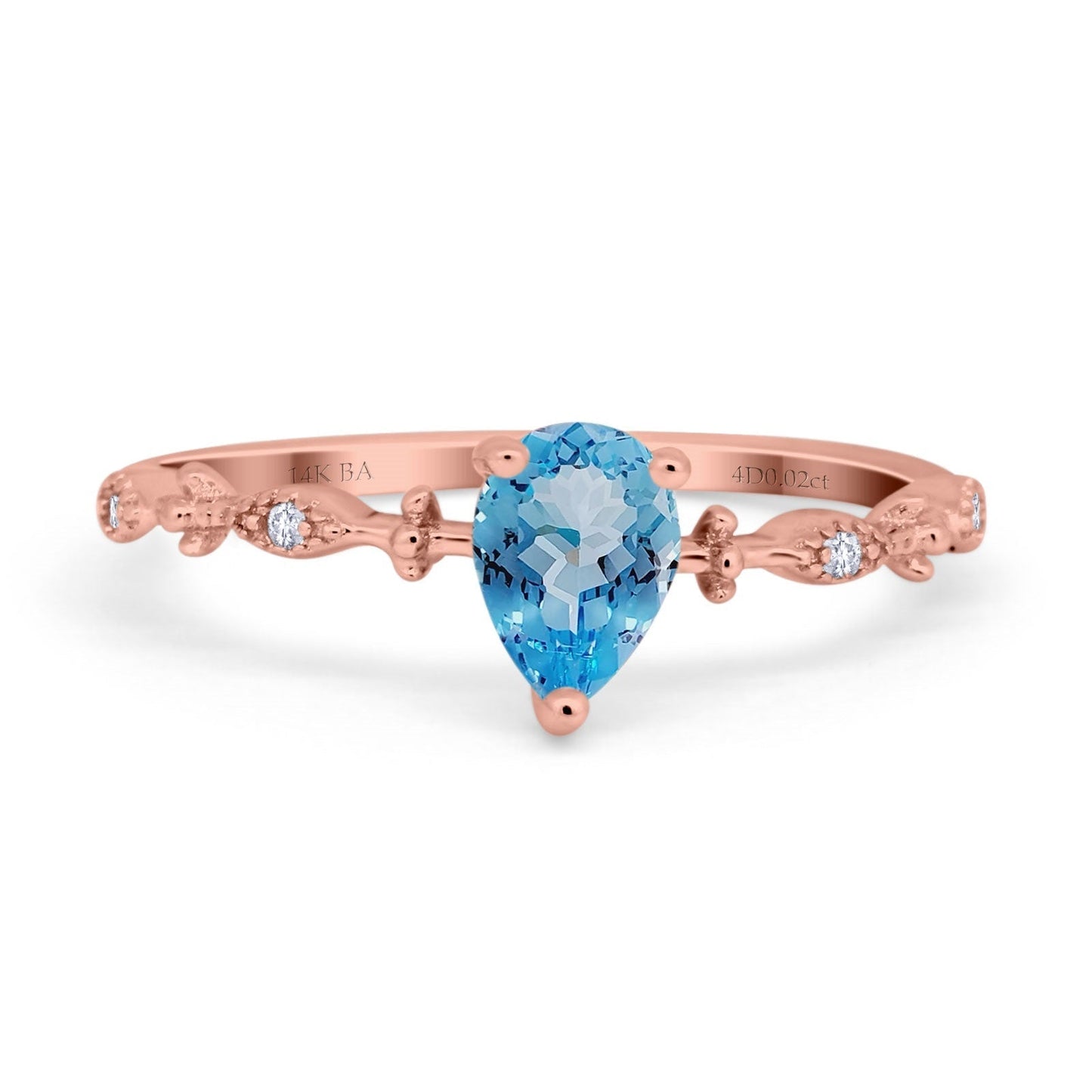 14K Rose Gold 0.73ct Teardrop Pear 7mmx5mm G SI Natural Blue Topaz Diamond Engagement Wedding Ring Size 6.5